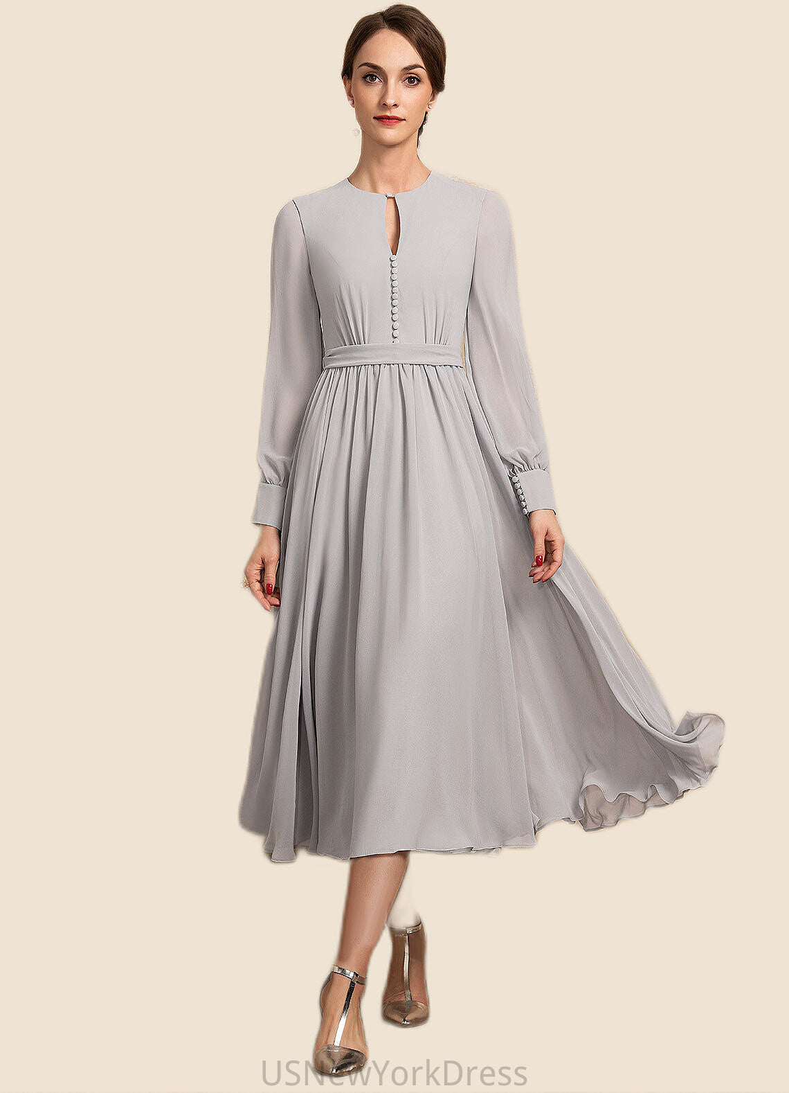 Marcie A-Line Scoop Neck Tea-Length Chiffon Mother of the Bride Dress With Bow(s) DJ126P0014779