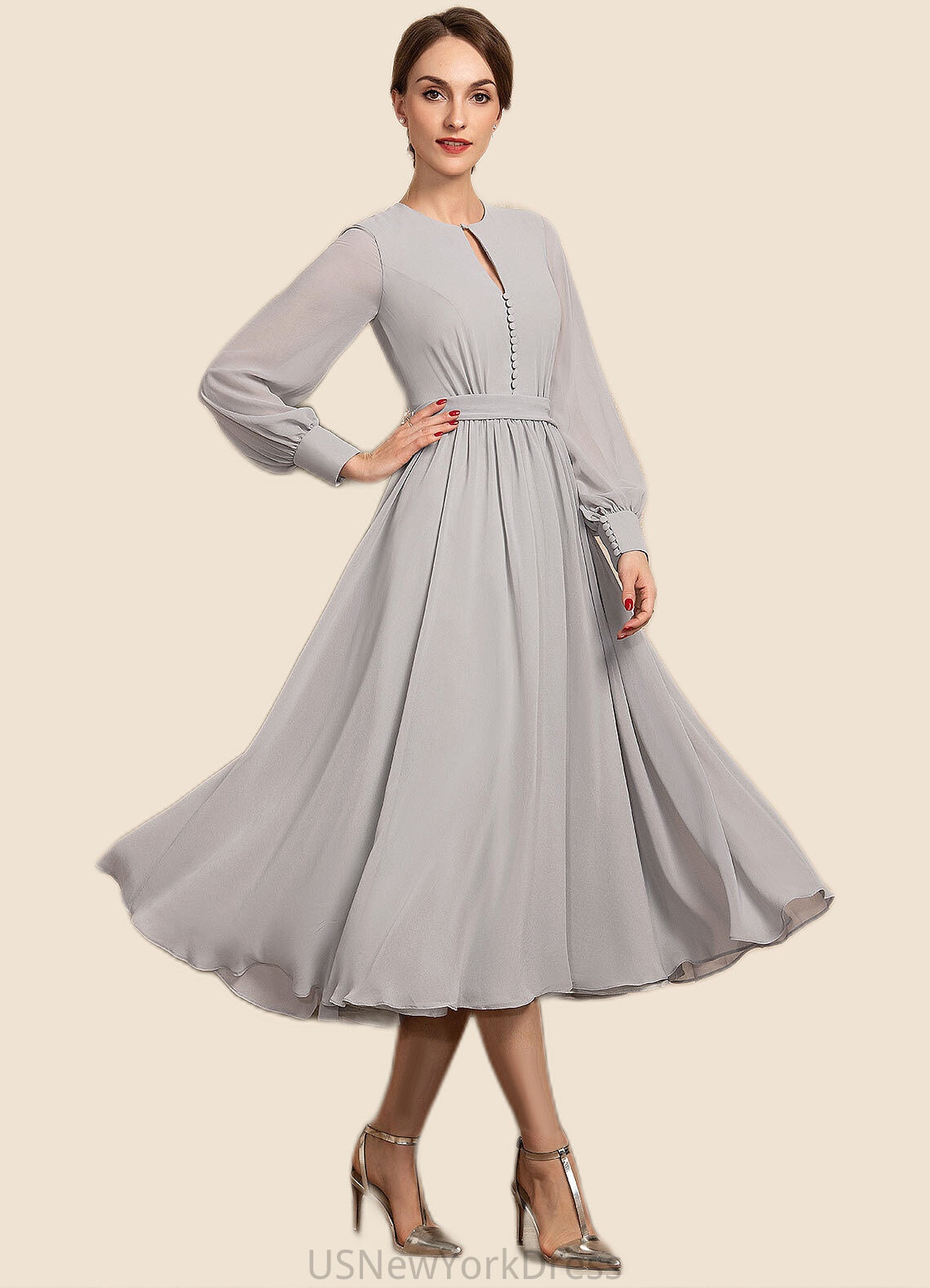 Marcie A-Line Scoop Neck Tea-Length Chiffon Mother of the Bride Dress With Bow(s) DJ126P0014779