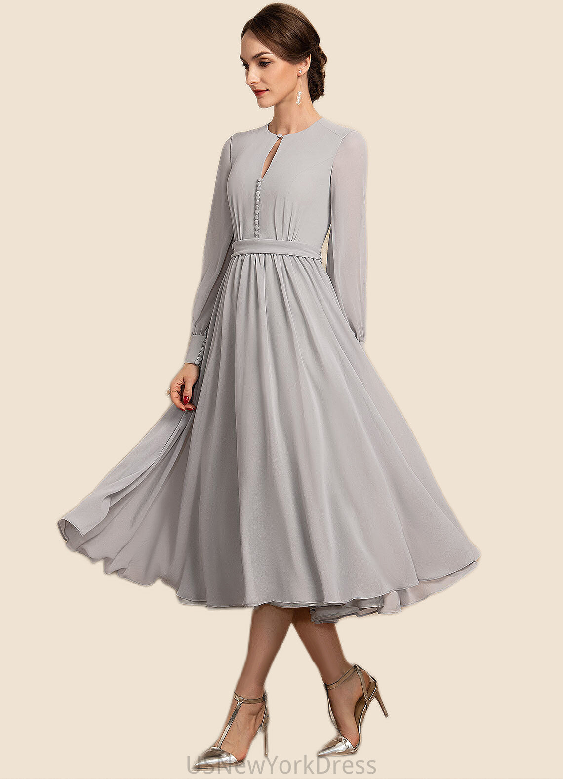 Marcie A-Line Scoop Neck Tea-Length Chiffon Mother of the Bride Dress With Bow(s) DJ126P0014779