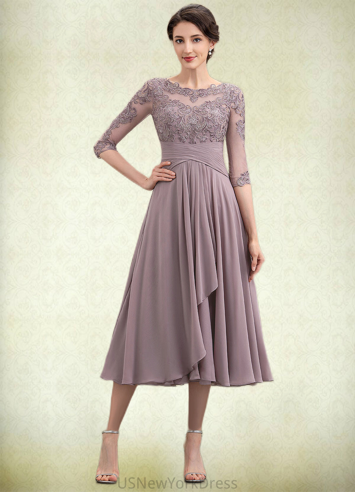 Lexi A-Line Scoop Neck Tea-Length Chiffon Lace Mother of the Bride Dress With Cascading Ruffles DJ126P0014780