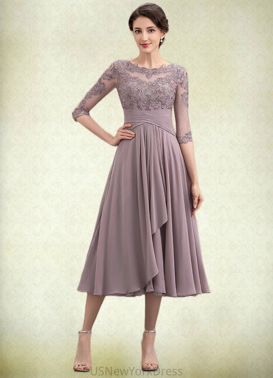 Lexi A-Line Scoop Neck Tea-Length Chiffon Lace Mother of the Bride Dress With Cascading Ruffles DJ126P0014780