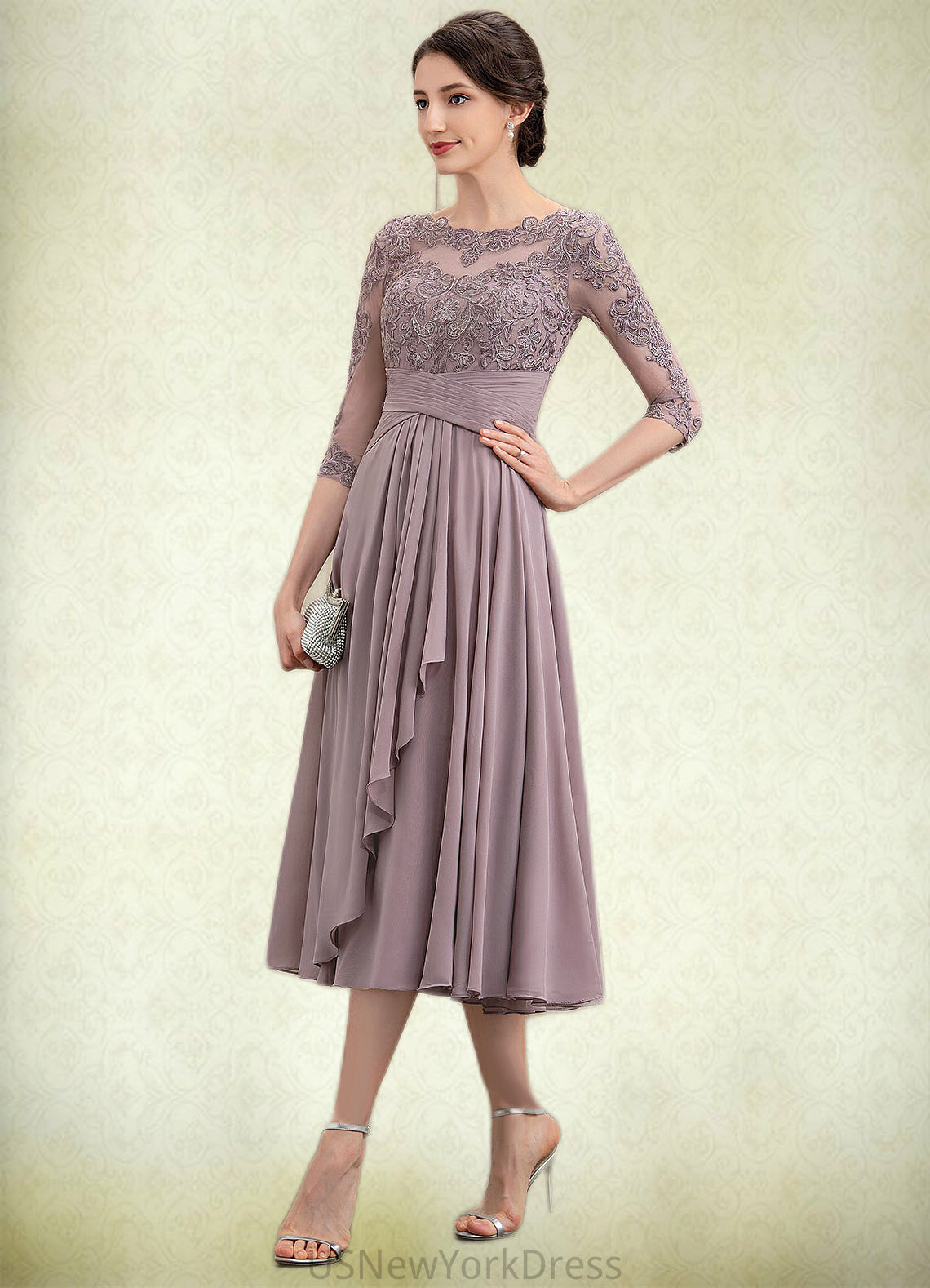 Lexi A-Line Scoop Neck Tea-Length Chiffon Lace Mother of the Bride Dress With Cascading Ruffles DJ126P0014780