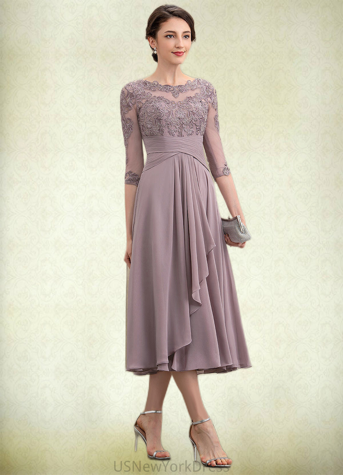 Lexi A-Line Scoop Neck Tea-Length Chiffon Lace Mother of the Bride Dress With Cascading Ruffles DJ126P0014780