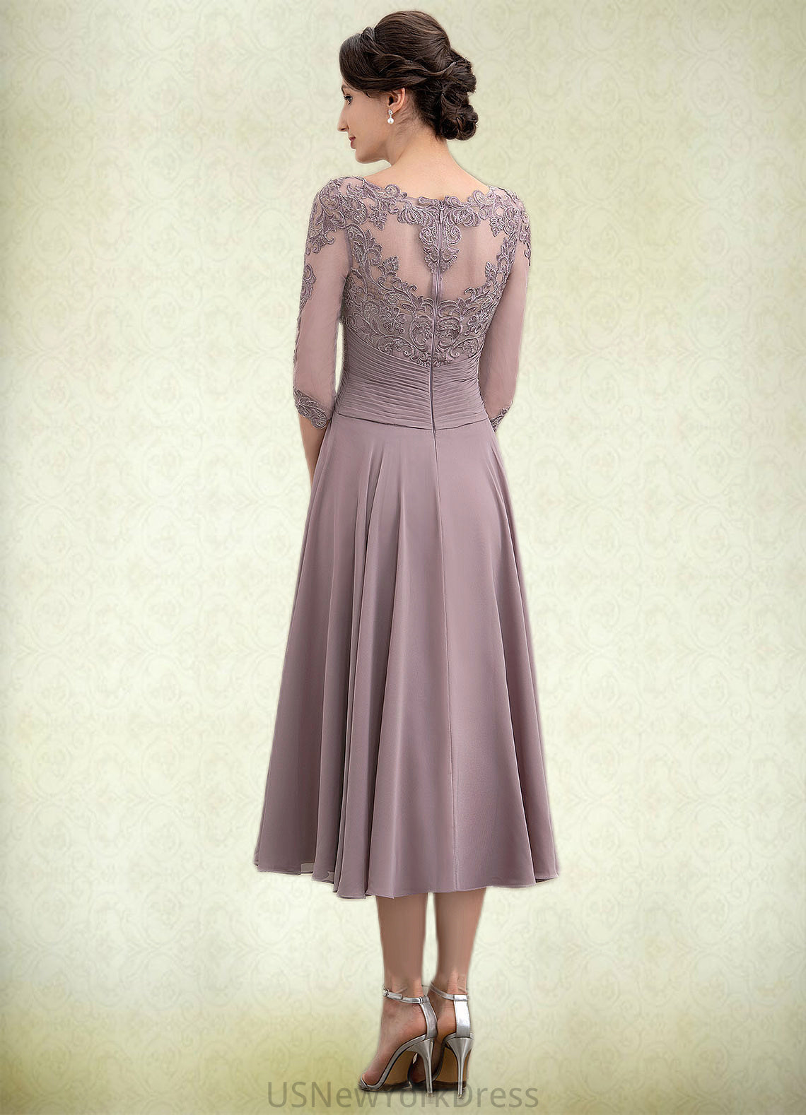 Lexi A-Line Scoop Neck Tea-Length Chiffon Lace Mother of the Bride Dress With Cascading Ruffles DJ126P0014780