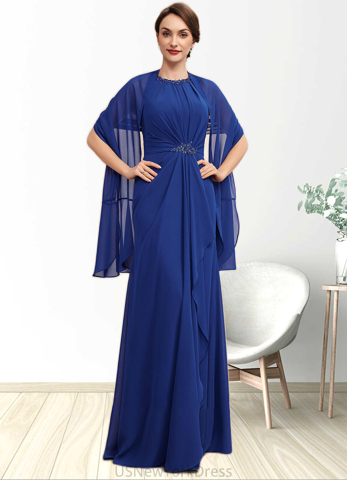 Mary A-Line Scoop Neck Floor-Length Chiffon Mother of the Bride Dress With Beading Cascading Ruffles DJ126P0014781