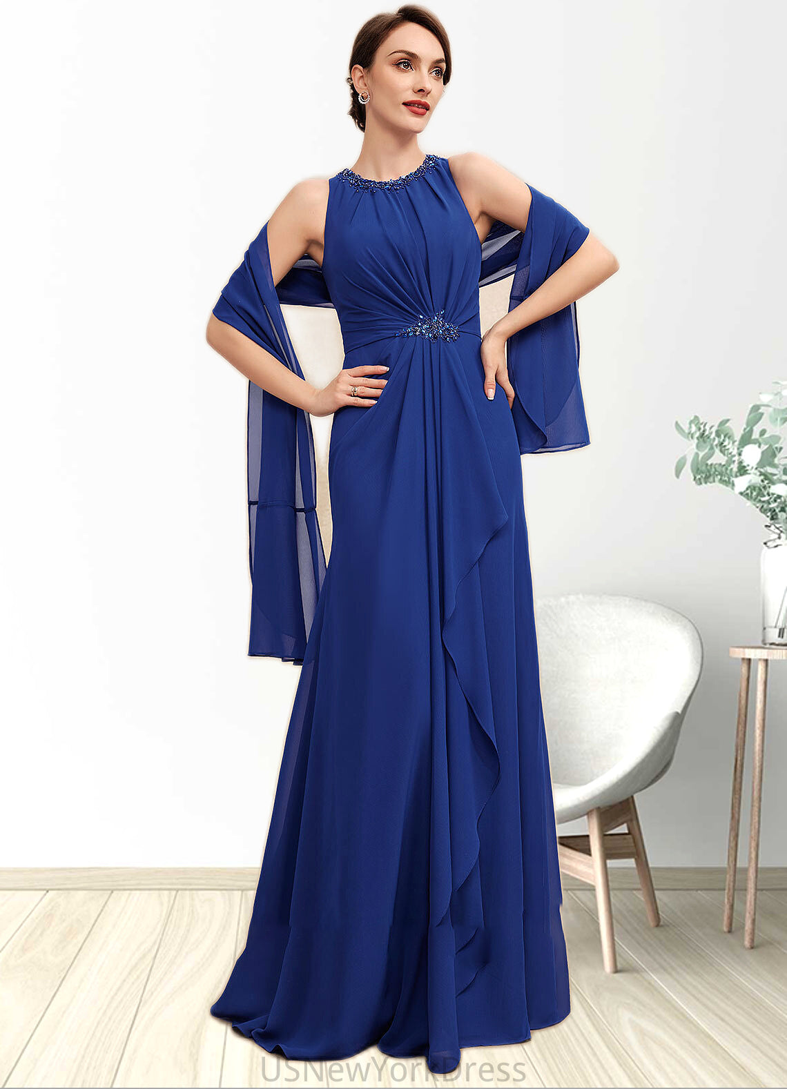 Mary A-Line Scoop Neck Floor-Length Chiffon Mother of the Bride Dress With Beading Cascading Ruffles DJ126P0014781