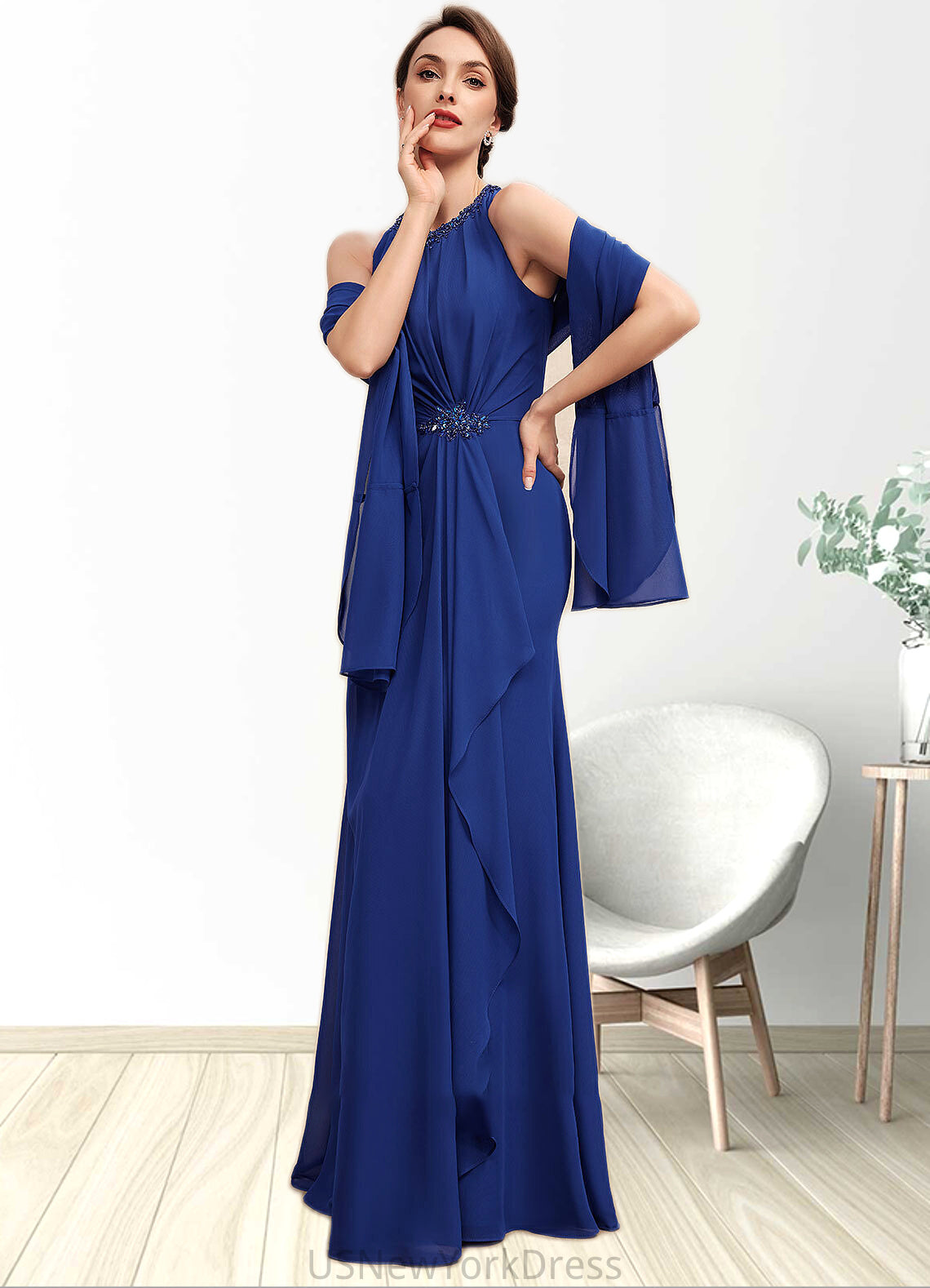 Mary A-Line Scoop Neck Floor-Length Chiffon Mother of the Bride Dress With Beading Cascading Ruffles DJ126P0014781