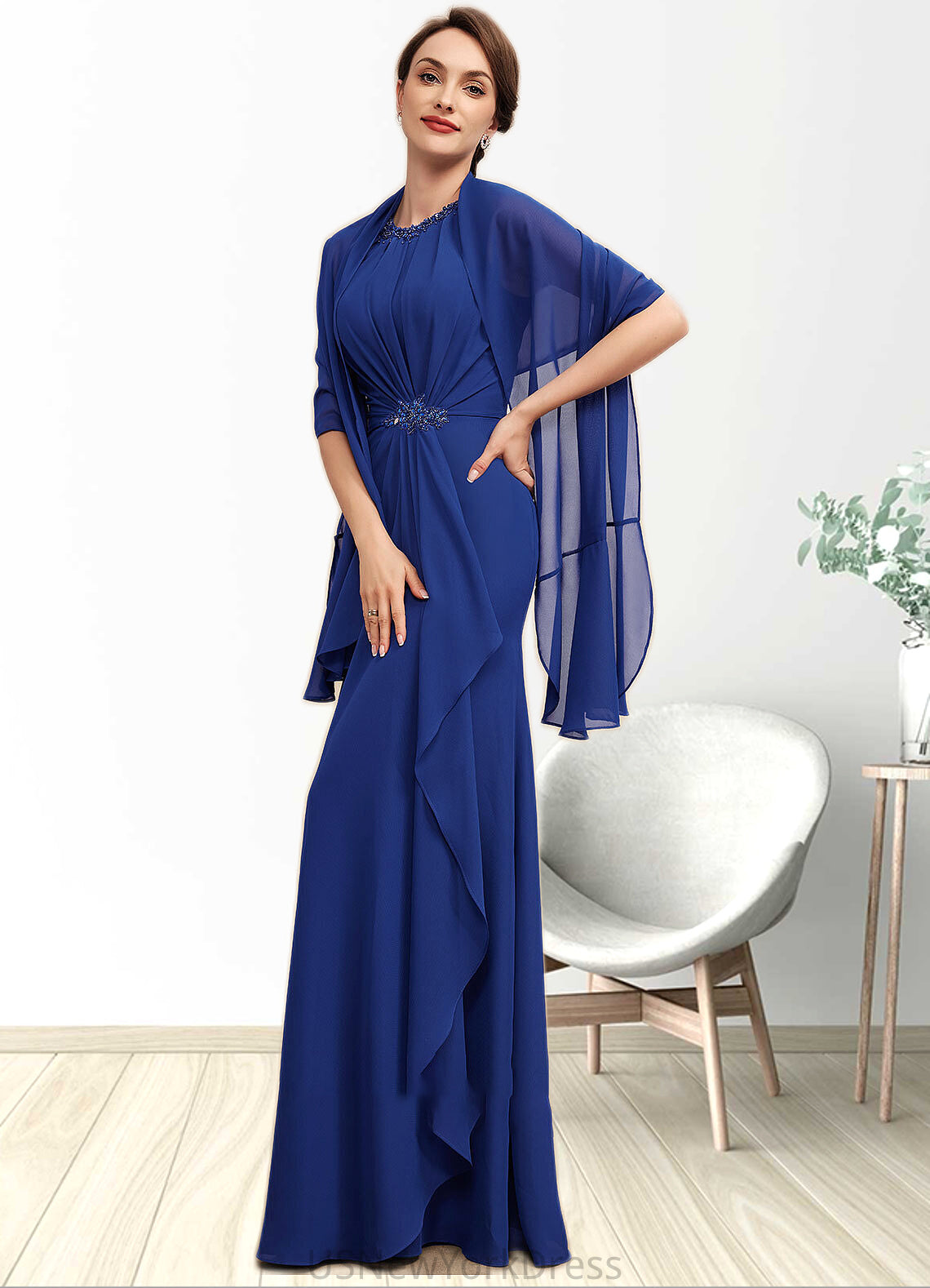 Mary A-Line Scoop Neck Floor-Length Chiffon Mother of the Bride Dress With Beading Cascading Ruffles DJ126P0014781