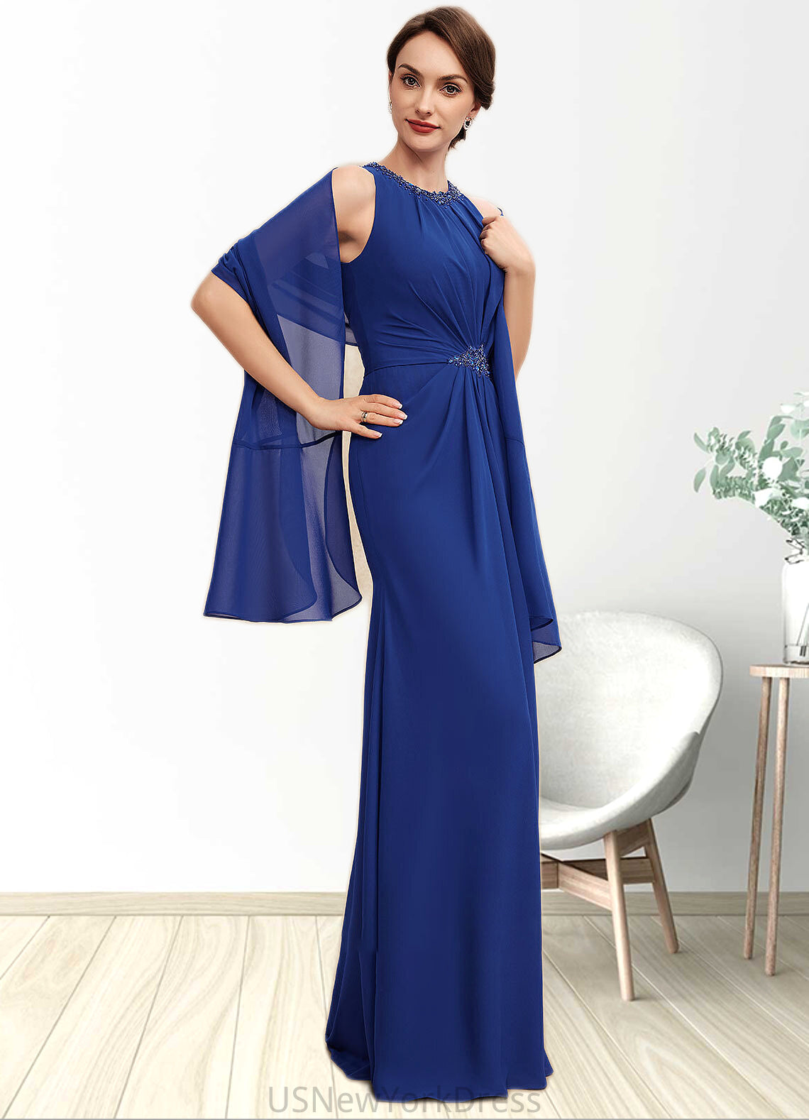 Mary A-Line Scoop Neck Floor-Length Chiffon Mother of the Bride Dress With Beading Cascading Ruffles DJ126P0014781