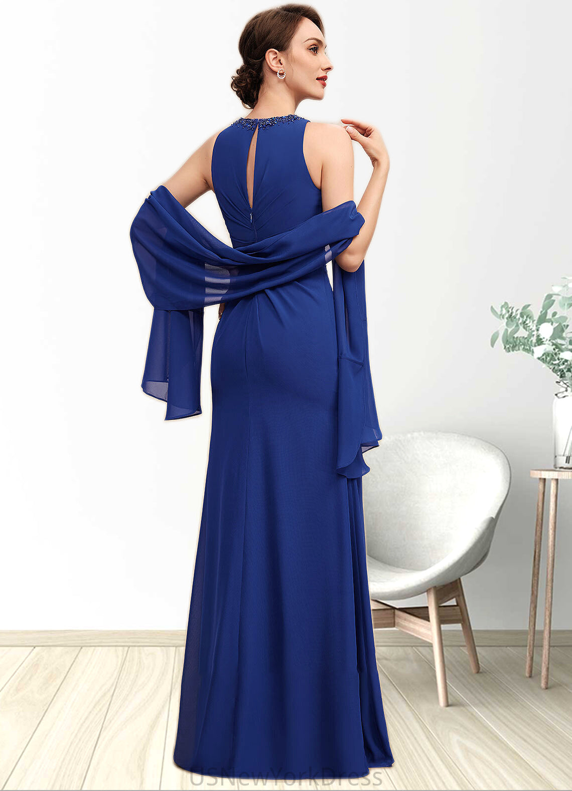 Mary A-Line Scoop Neck Floor-Length Chiffon Mother of the Bride Dress With Beading Cascading Ruffles DJ126P0014781