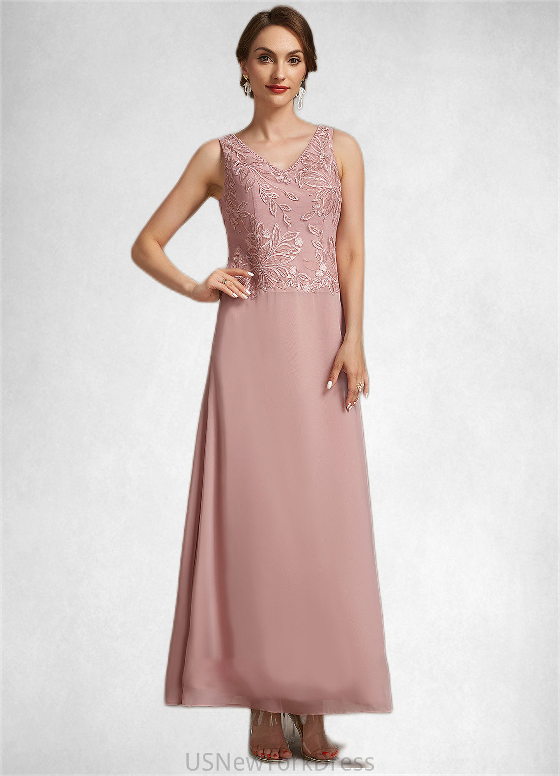 Zoe A-Line V-neck Ankle-Length Chiffon Lace Mother of the Bride Dress With Beading Sequins DJ126P0014784