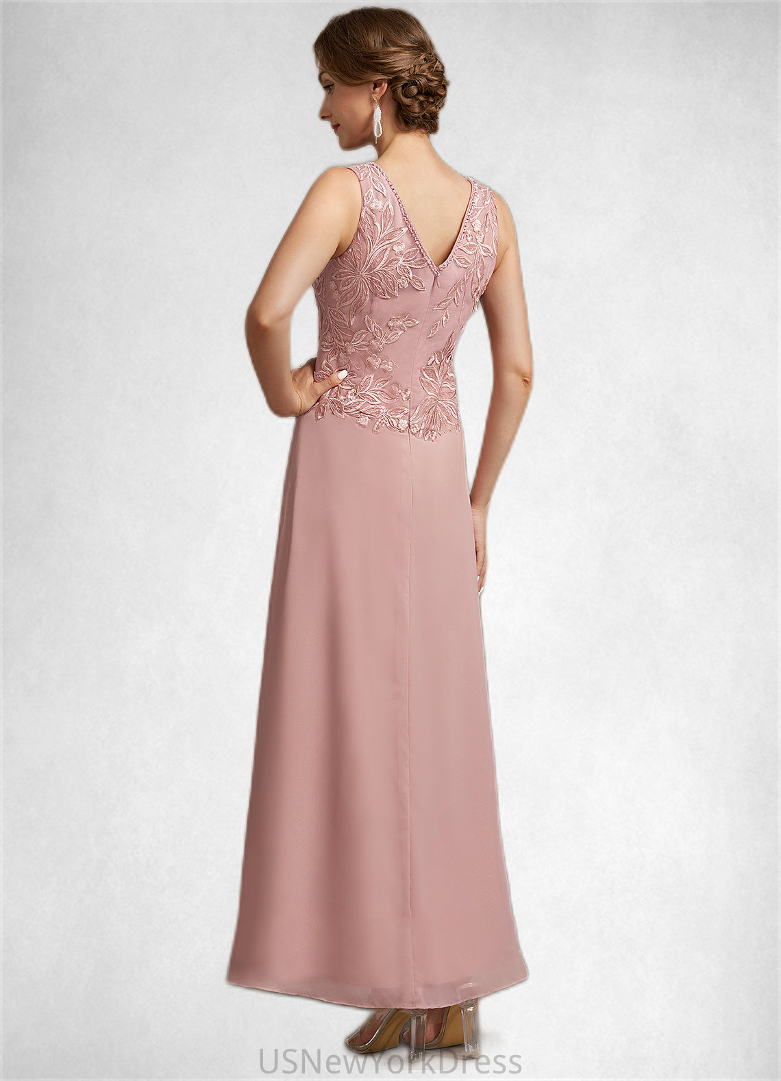 Zoe A-Line V-neck Ankle-Length Chiffon Lace Mother of the Bride Dress With Beading Sequins DJ126P0014784