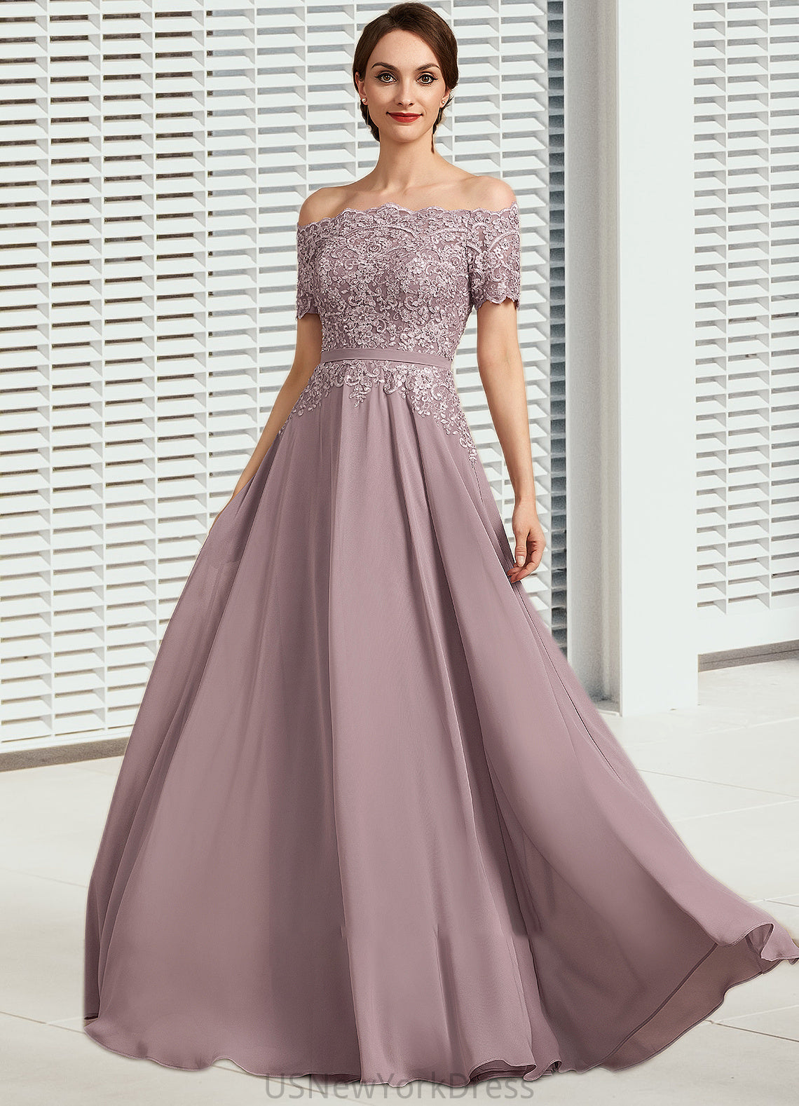 Penny A-Line Off-the-Shoulder Floor-Length Chiffon Lace Mother of the Bride Dress With Beading Sequins DJ126P0014785