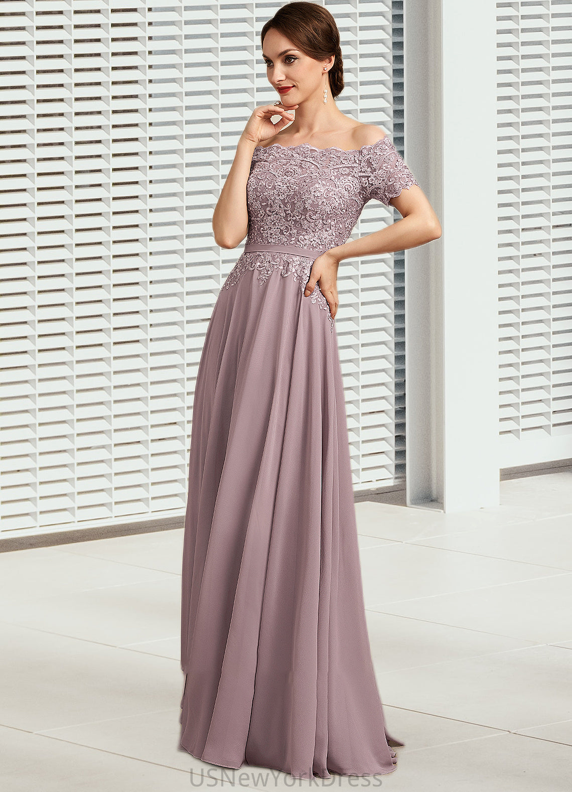 Penny A-Line Off-the-Shoulder Floor-Length Chiffon Lace Mother of the Bride Dress With Beading Sequins DJ126P0014785