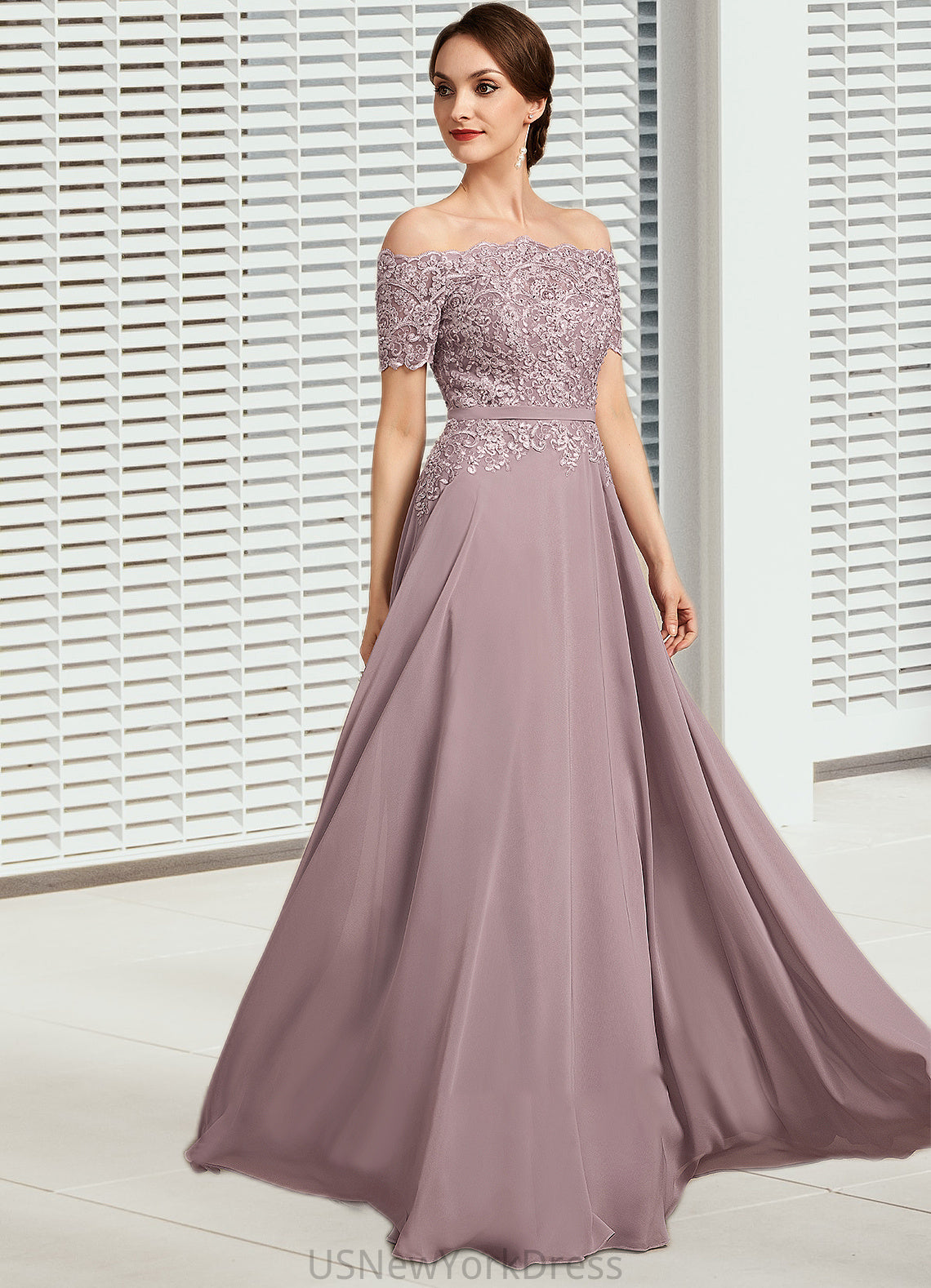 Penny A-Line Off-the-Shoulder Floor-Length Chiffon Lace Mother of the Bride Dress With Beading Sequins DJ126P0014785