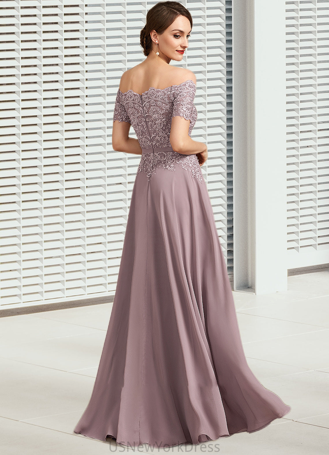 Penny A-Line Off-the-Shoulder Floor-Length Chiffon Lace Mother of the Bride Dress With Beading Sequins DJ126P0014785