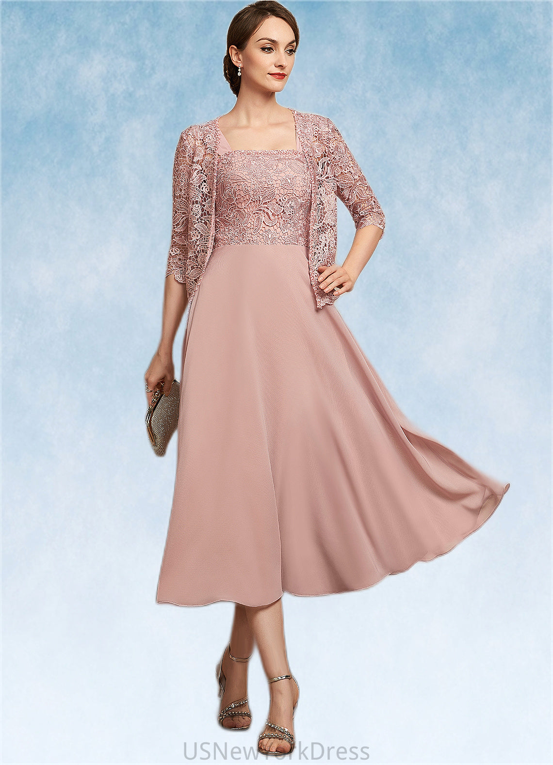 Whitney A-Line Square Neckline Tea-Length Chiffon Lace Mother of the Bride Dress With Beading Sequins DJ126P0014789