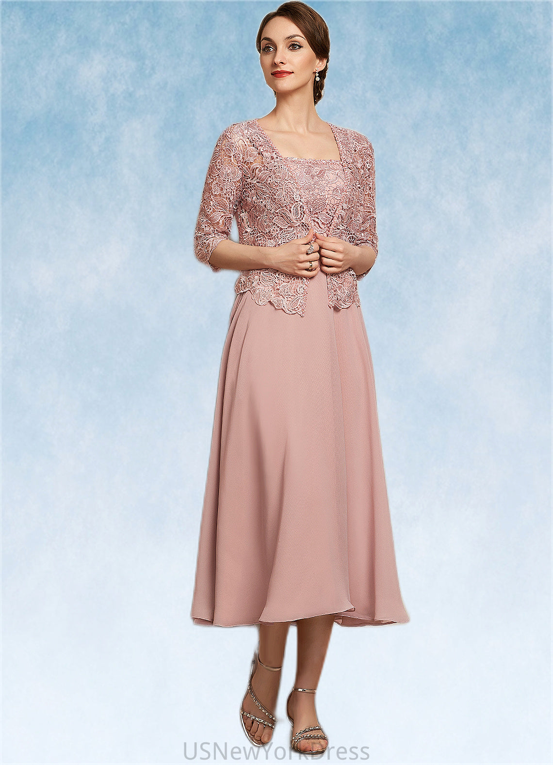 Whitney A-Line Square Neckline Tea-Length Chiffon Lace Mother of the Bride Dress With Beading Sequins DJ126P0014789