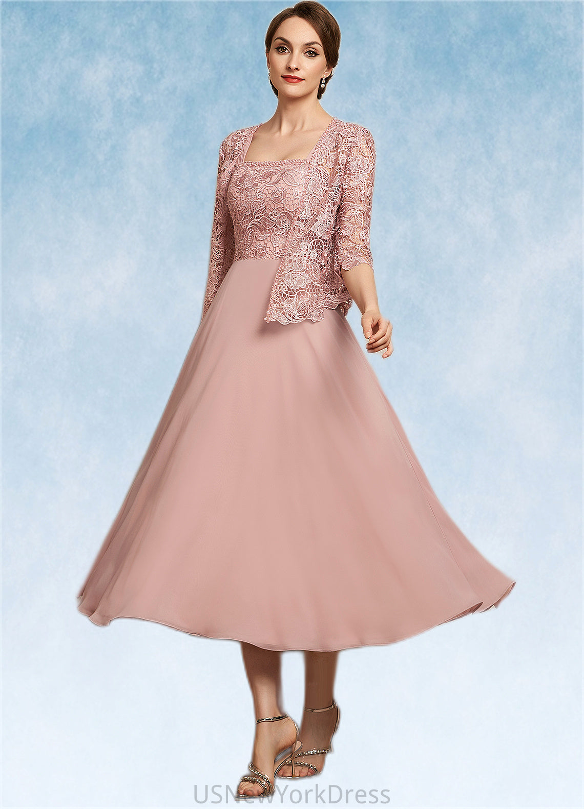 Whitney A-Line Square Neckline Tea-Length Chiffon Lace Mother of the Bride Dress With Beading Sequins DJ126P0014789