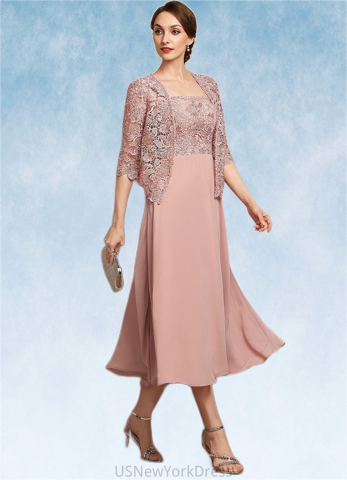 Whitney A-Line Square Neckline Tea-Length Chiffon Lace Mother of the Bride Dress With Beading Sequins DJ126P0014789