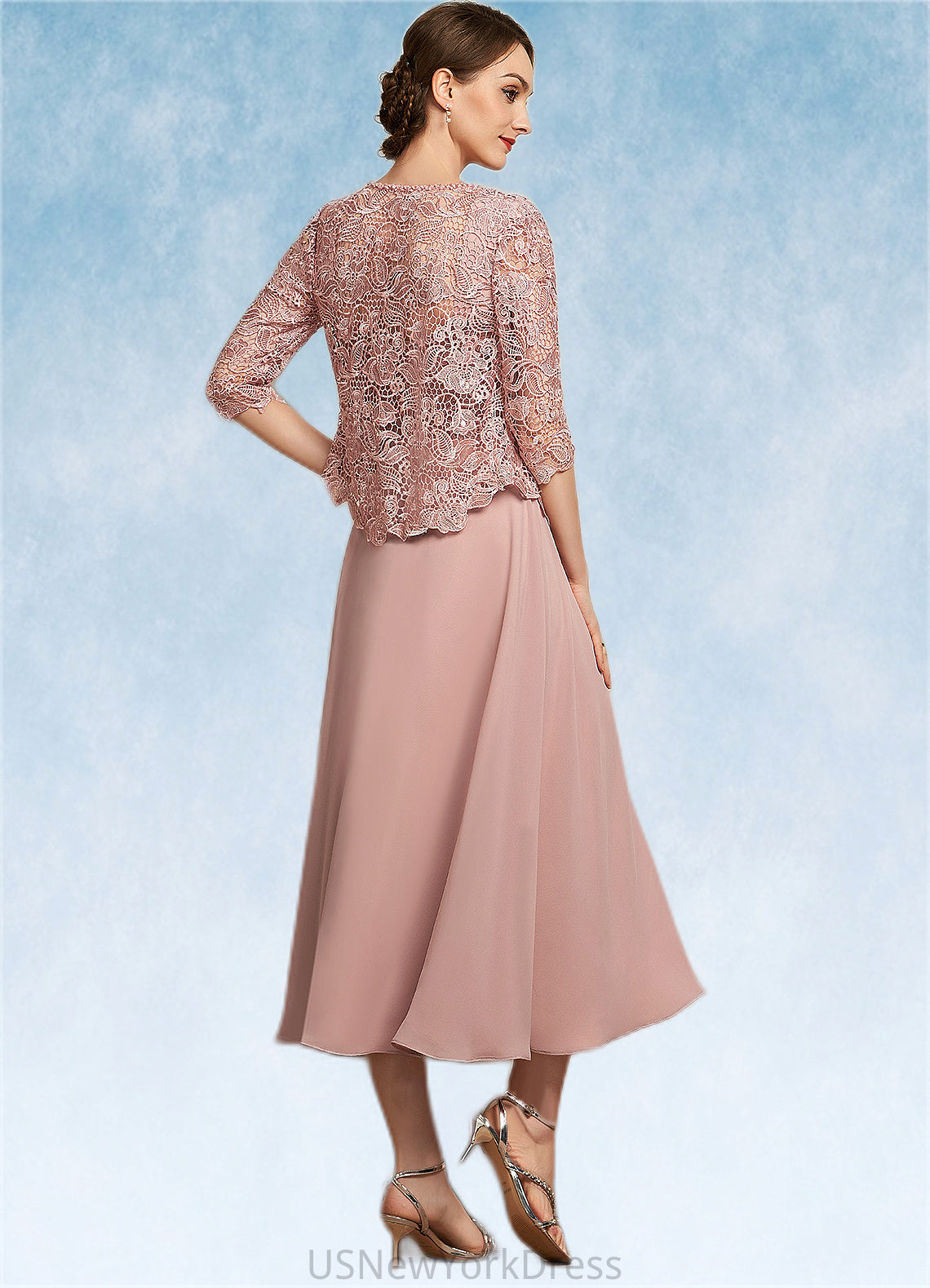 Whitney A-Line Square Neckline Tea-Length Chiffon Lace Mother of the Bride Dress With Beading Sequins DJ126P0014789