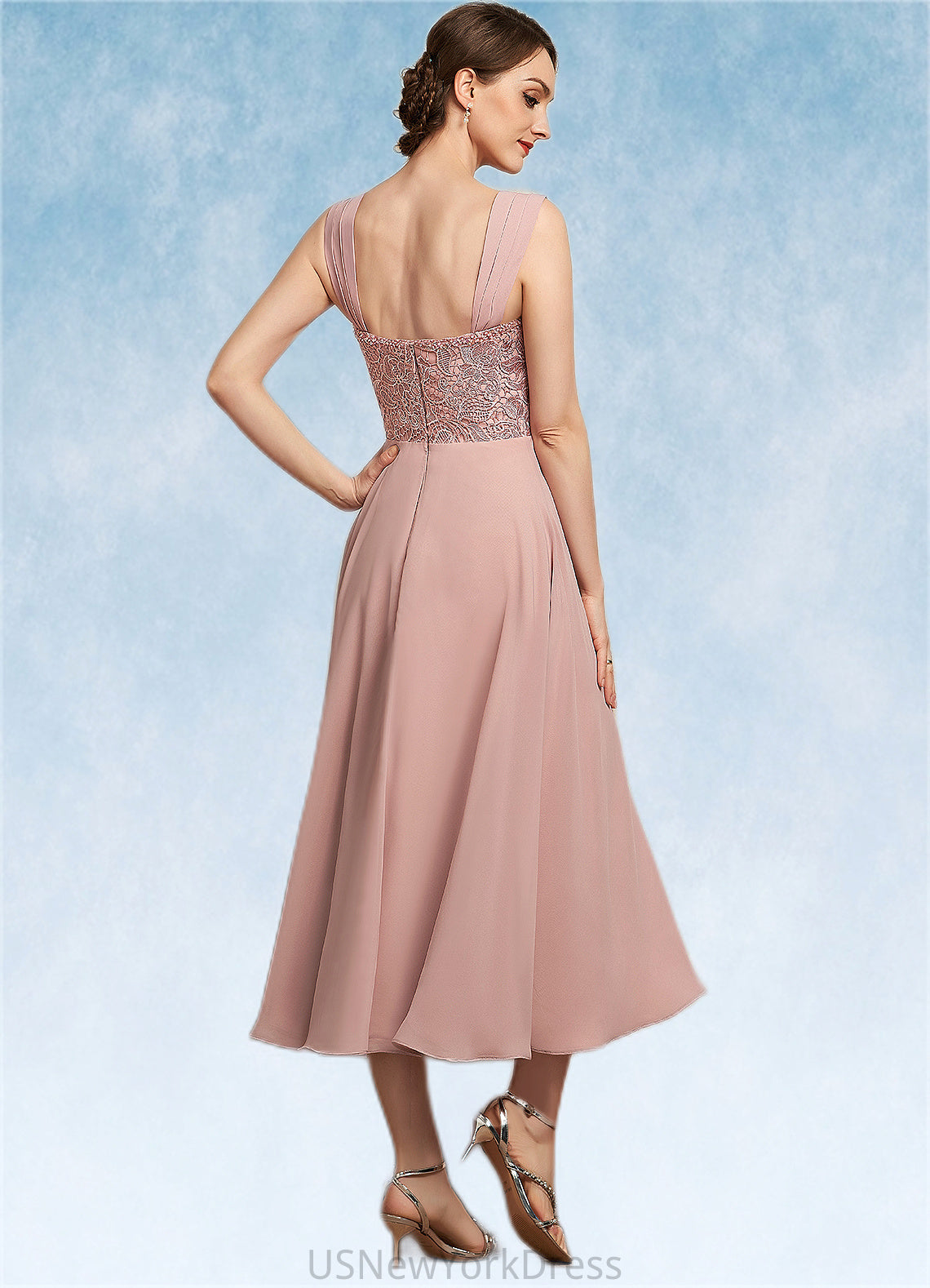 Whitney A-Line Square Neckline Tea-Length Chiffon Lace Mother of the Bride Dress With Beading Sequins DJ126P0014789