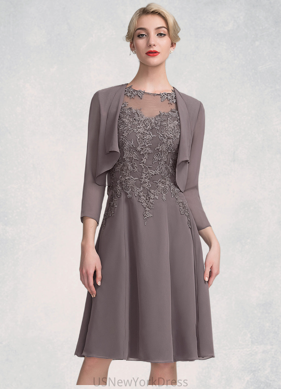 Reyna A-Line Scoop Neck Knee-Length Chiffon Lace Mother of the Bride Dress DJ126P0014790