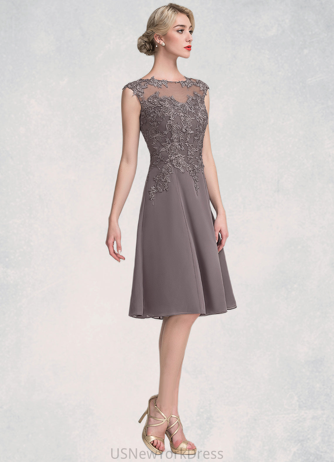 Reyna A-Line Scoop Neck Knee-Length Chiffon Lace Mother of the Bride Dress DJ126P0014790