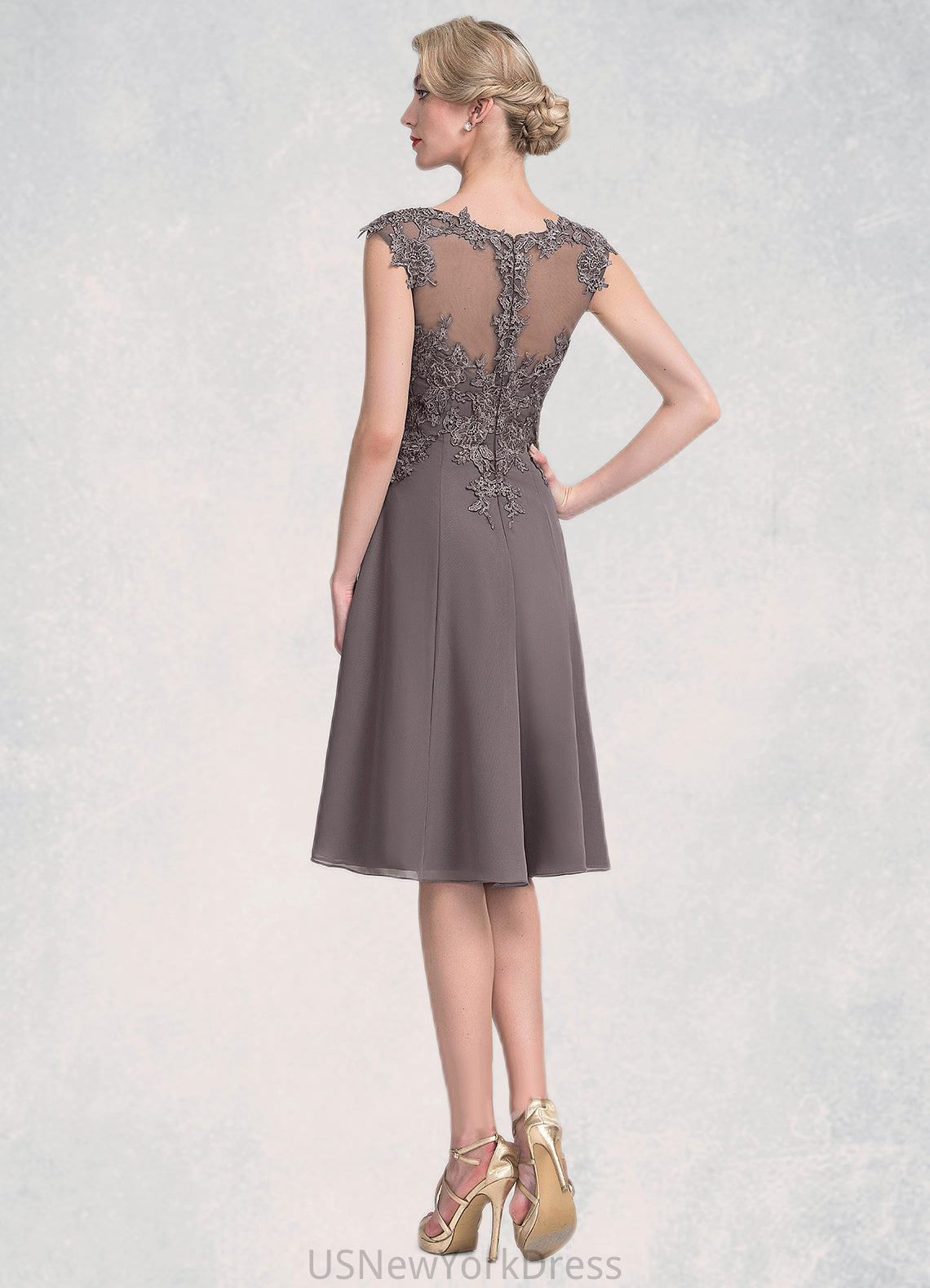 Reyna A-Line Scoop Neck Knee-Length Chiffon Lace Mother of the Bride Dress DJ126P0014790