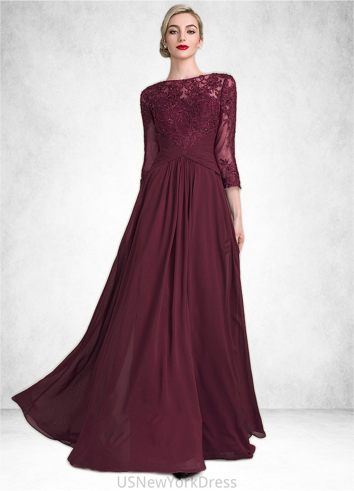 Leah A-Line Scoop Neck Floor-Length Chiffon Lace Mother of the Bride Dress With Ruffle Beading Sequins DJ126P0014792