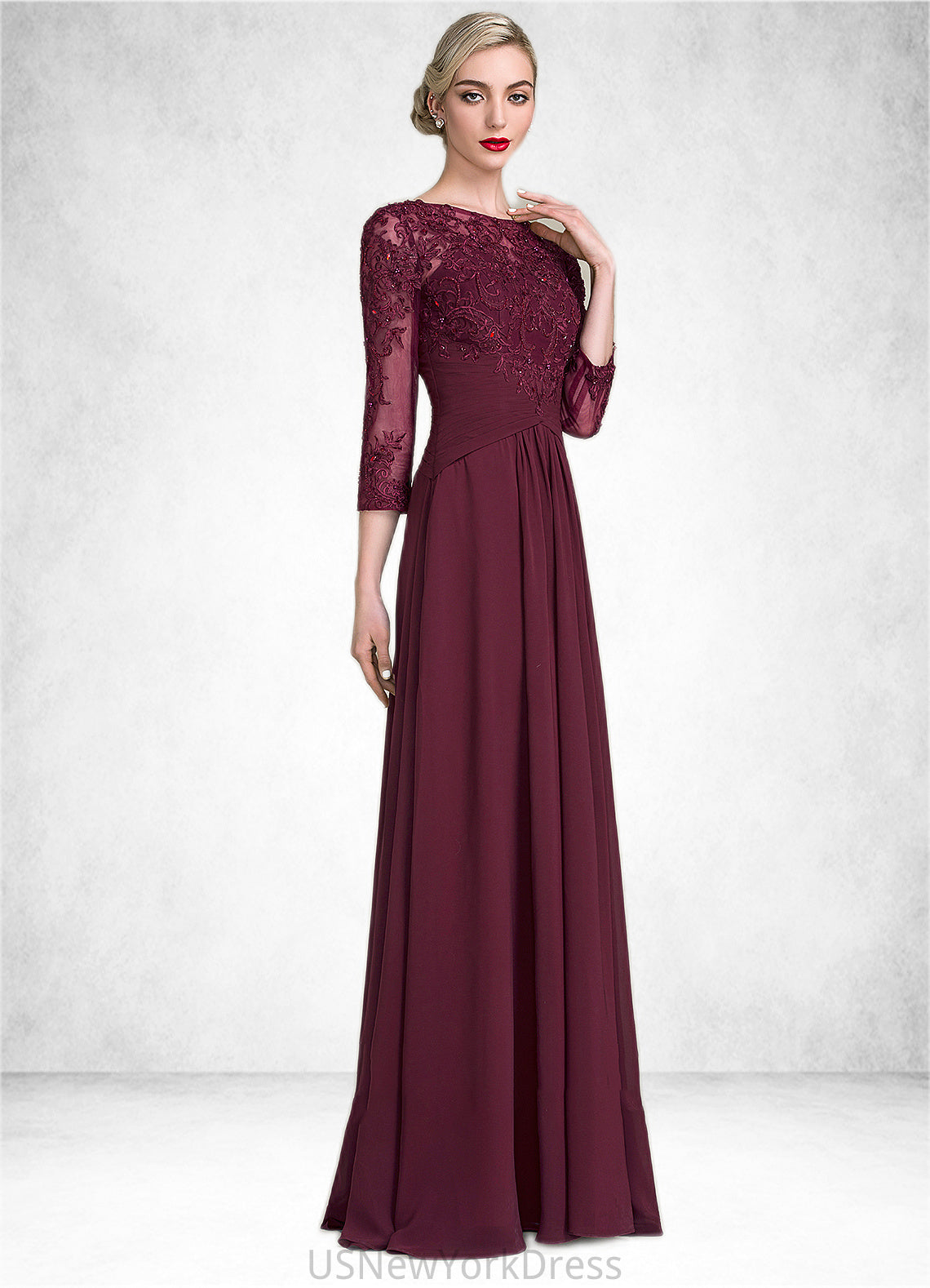 Leah A-Line Scoop Neck Floor-Length Chiffon Lace Mother of the Bride Dress With Ruffle Beading Sequins DJ126P0014792