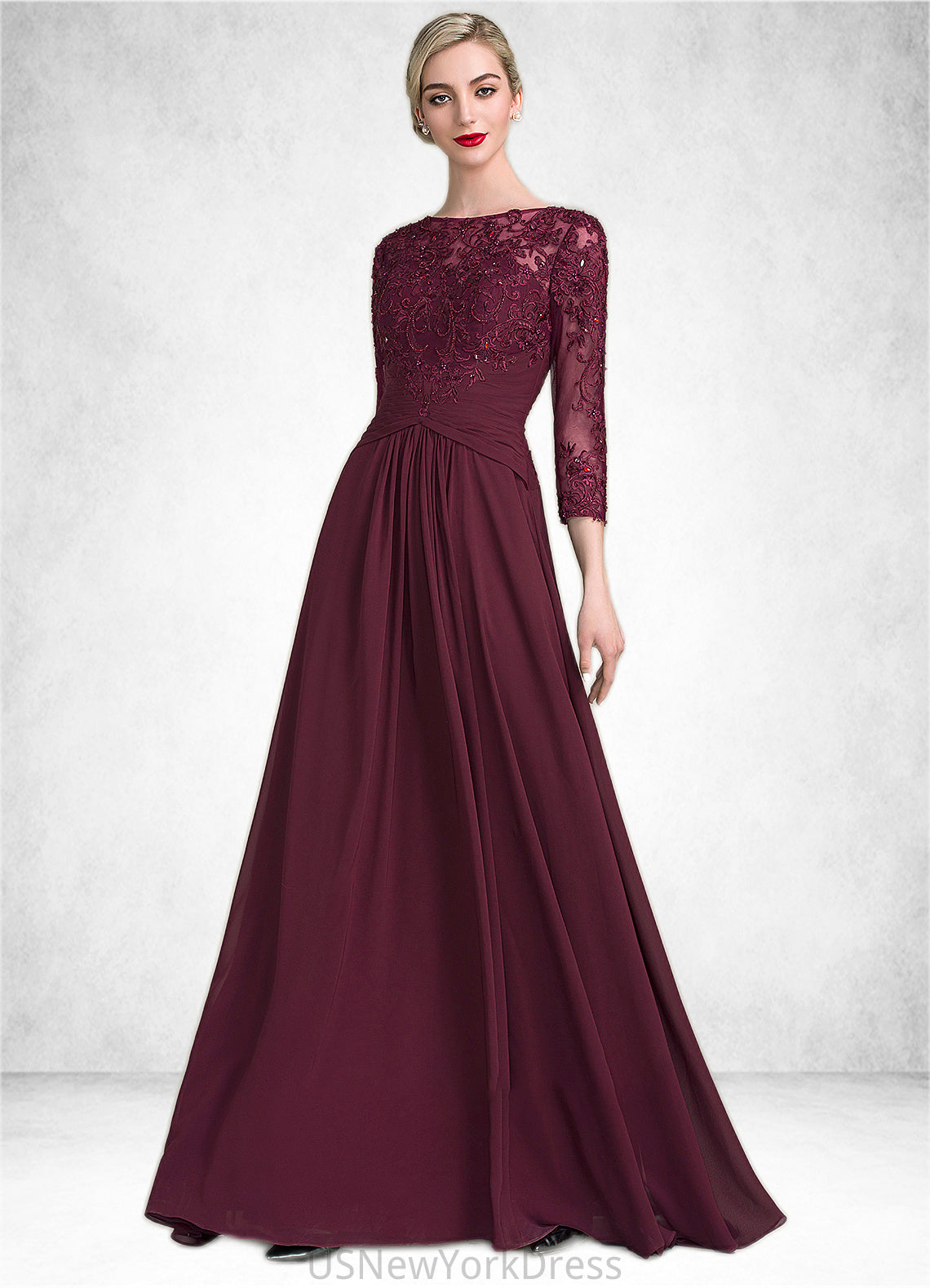 Leah A-Line Scoop Neck Floor-Length Chiffon Lace Mother of the Bride Dress With Ruffle Beading Sequins DJ126P0014792