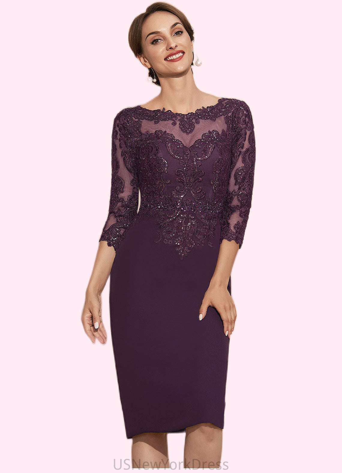 Kianna Sheath/Column Scoop Neck Knee-Length Chiffon Lace Mother of the Bride Dress With Beading DJ126P0014794