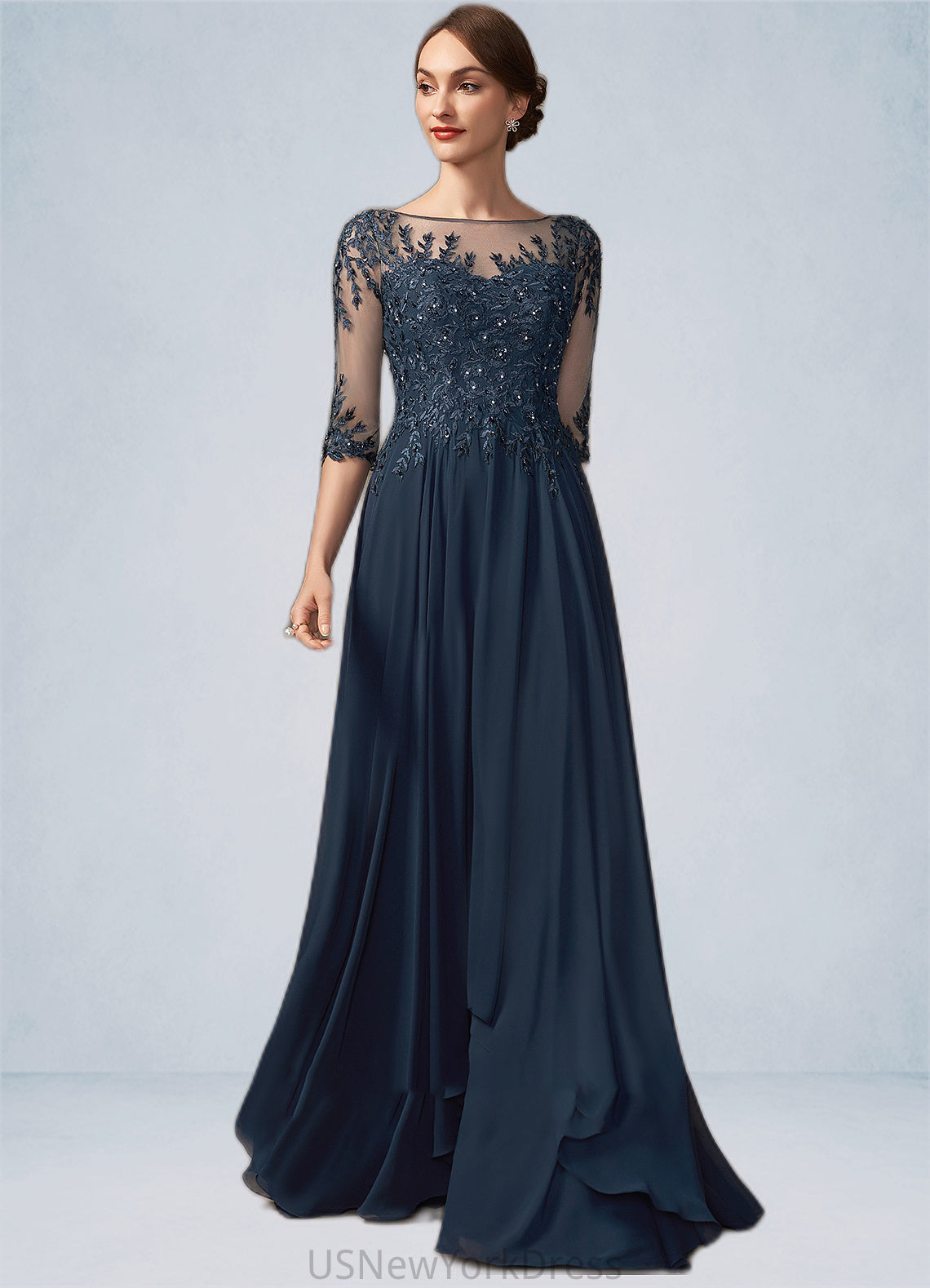 Sadie A-Line Scoop Neck Floor-Length Chiffon Lace Mother of the Bride Dress With Beading Sequins DJ126P0014795