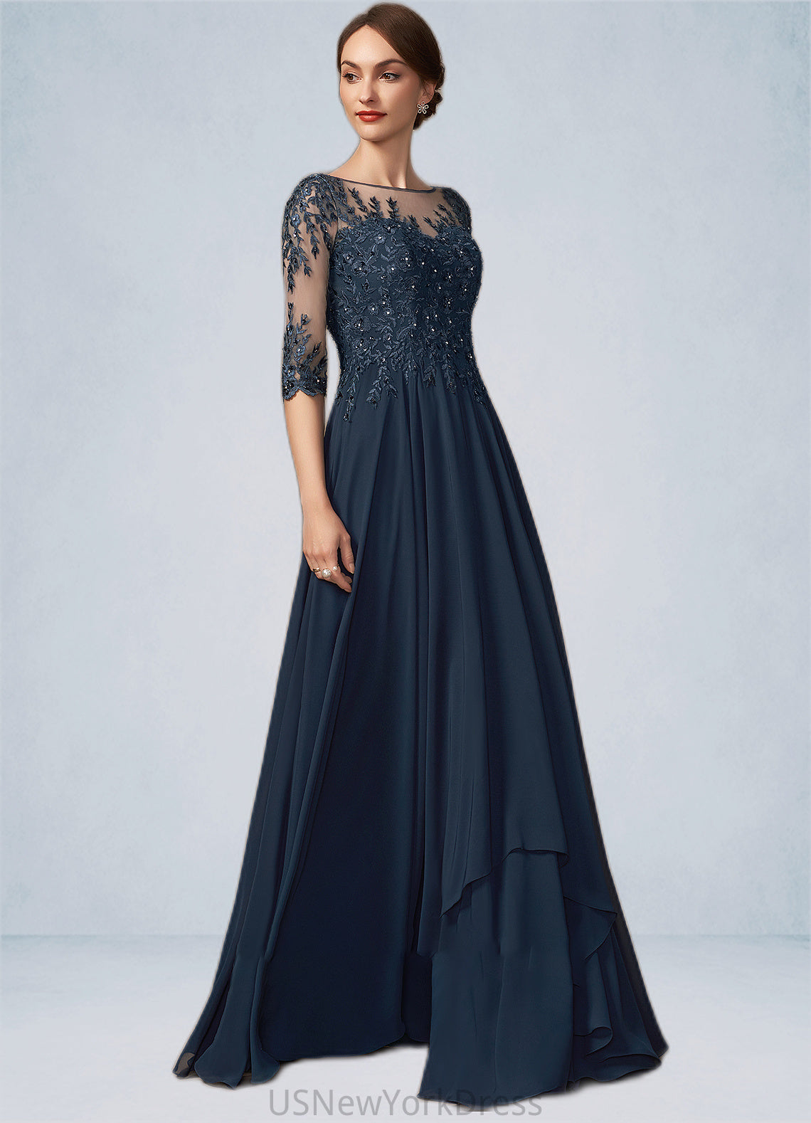 Sadie A-Line Scoop Neck Floor-Length Chiffon Lace Mother of the Bride Dress With Beading Sequins DJ126P0014795