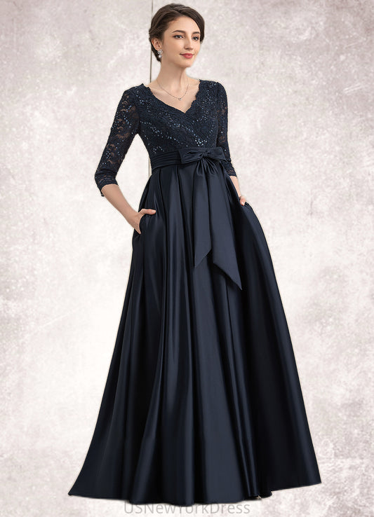 Brylee A-Line V-neck Floor-Length Satin Lace Mother of the Bride Dress With Sequins Bow(s) Pockets DJ126P0014820