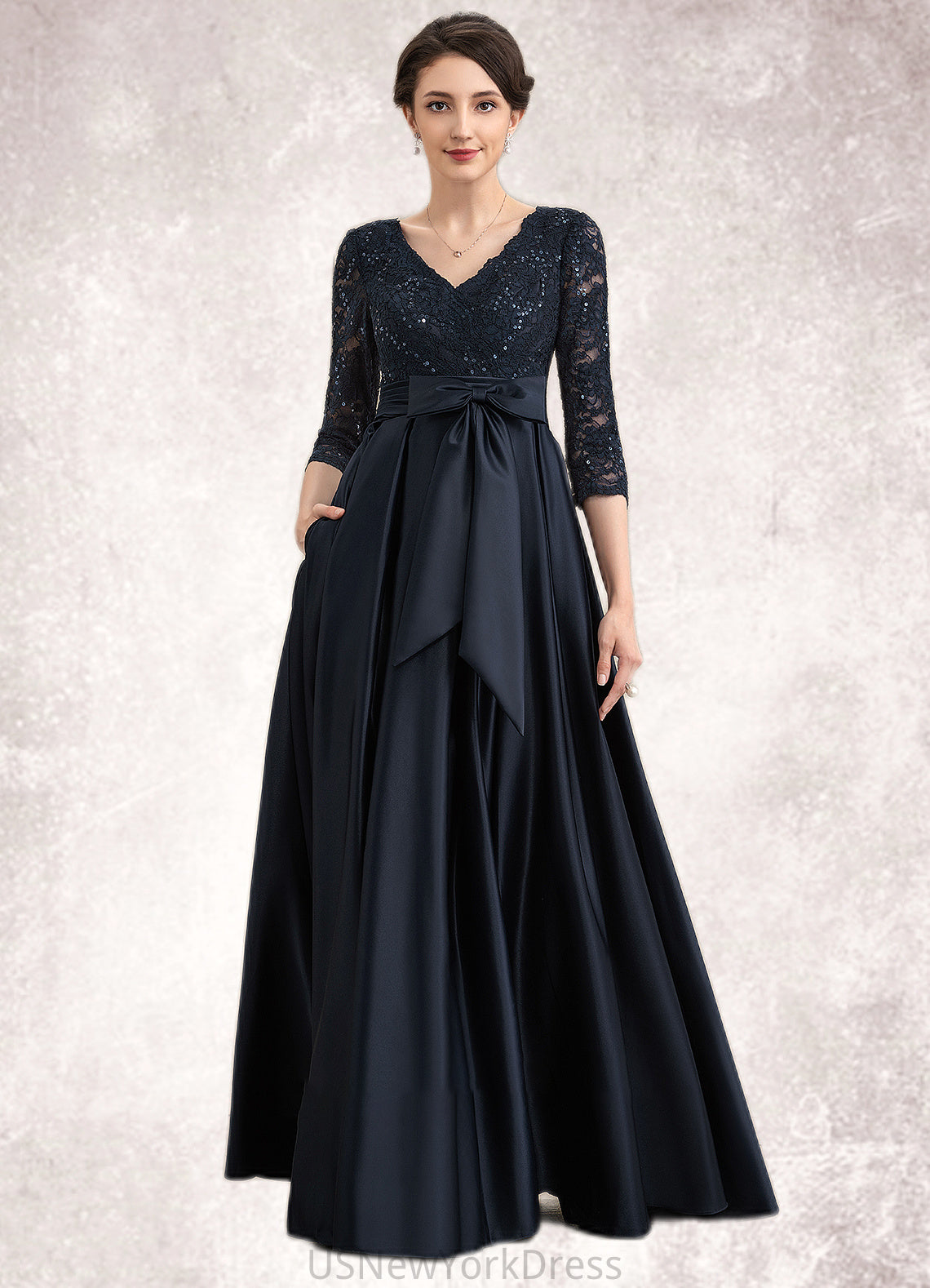 Brylee A-Line V-neck Floor-Length Satin Lace Mother of the Bride Dress With Sequins Bow(s) Pockets DJ126P0014820