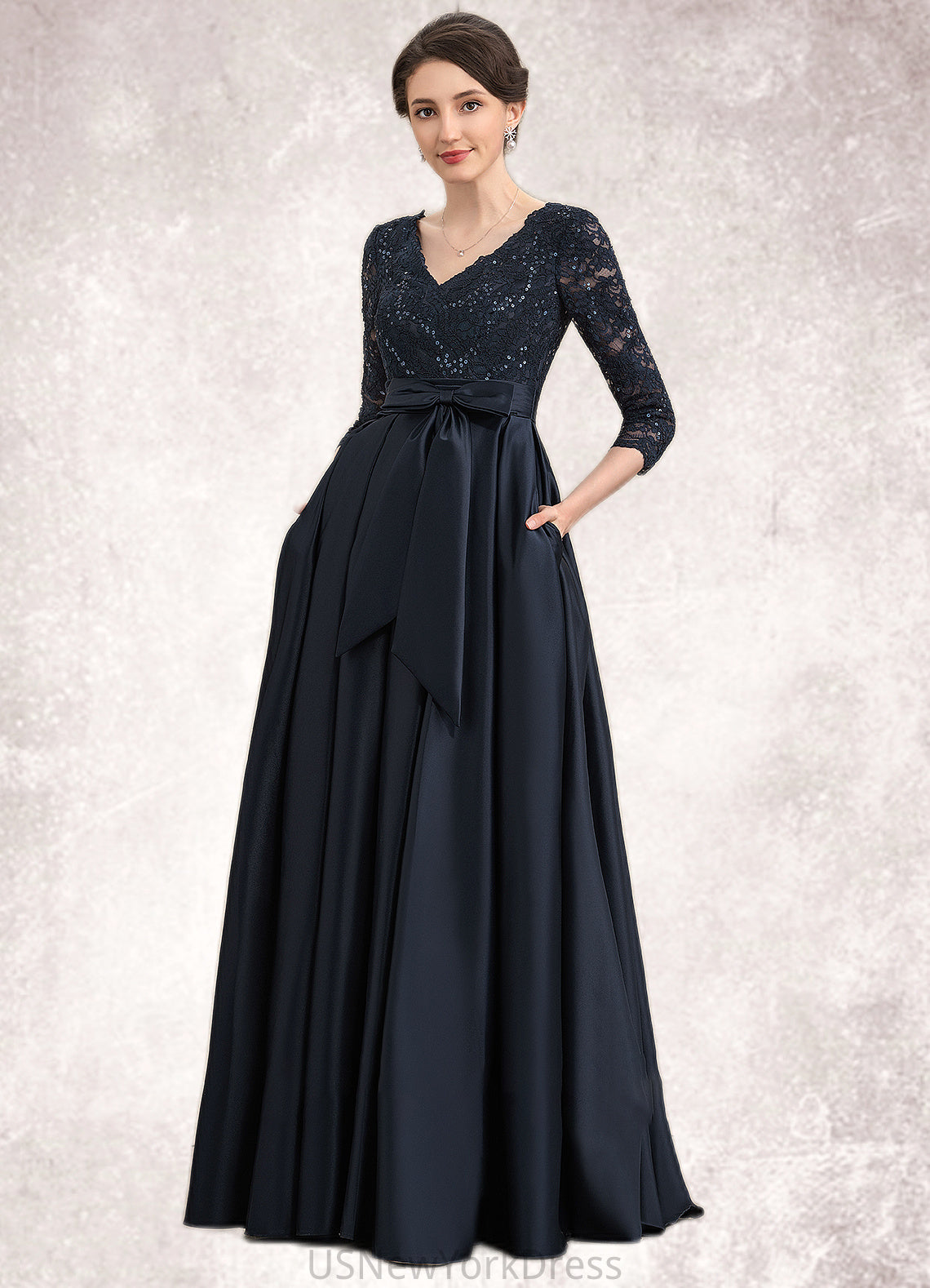 Brylee A-Line V-neck Floor-Length Satin Lace Mother of the Bride Dress With Sequins Bow(s) Pockets DJ126P0014820