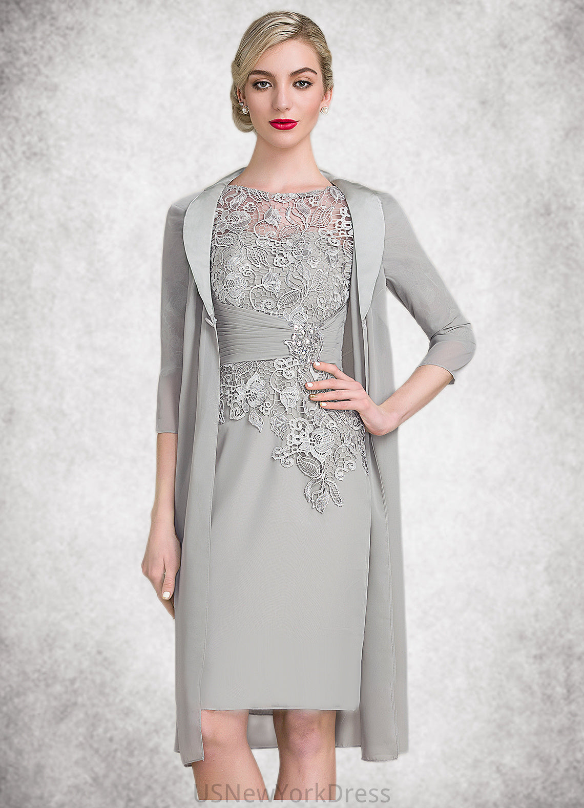 Everly Sheath/Column Scoop Neck Knee-Length Chiffon Lace Mother of the Bride Dress With Ruffle Beading DJ126P0014821