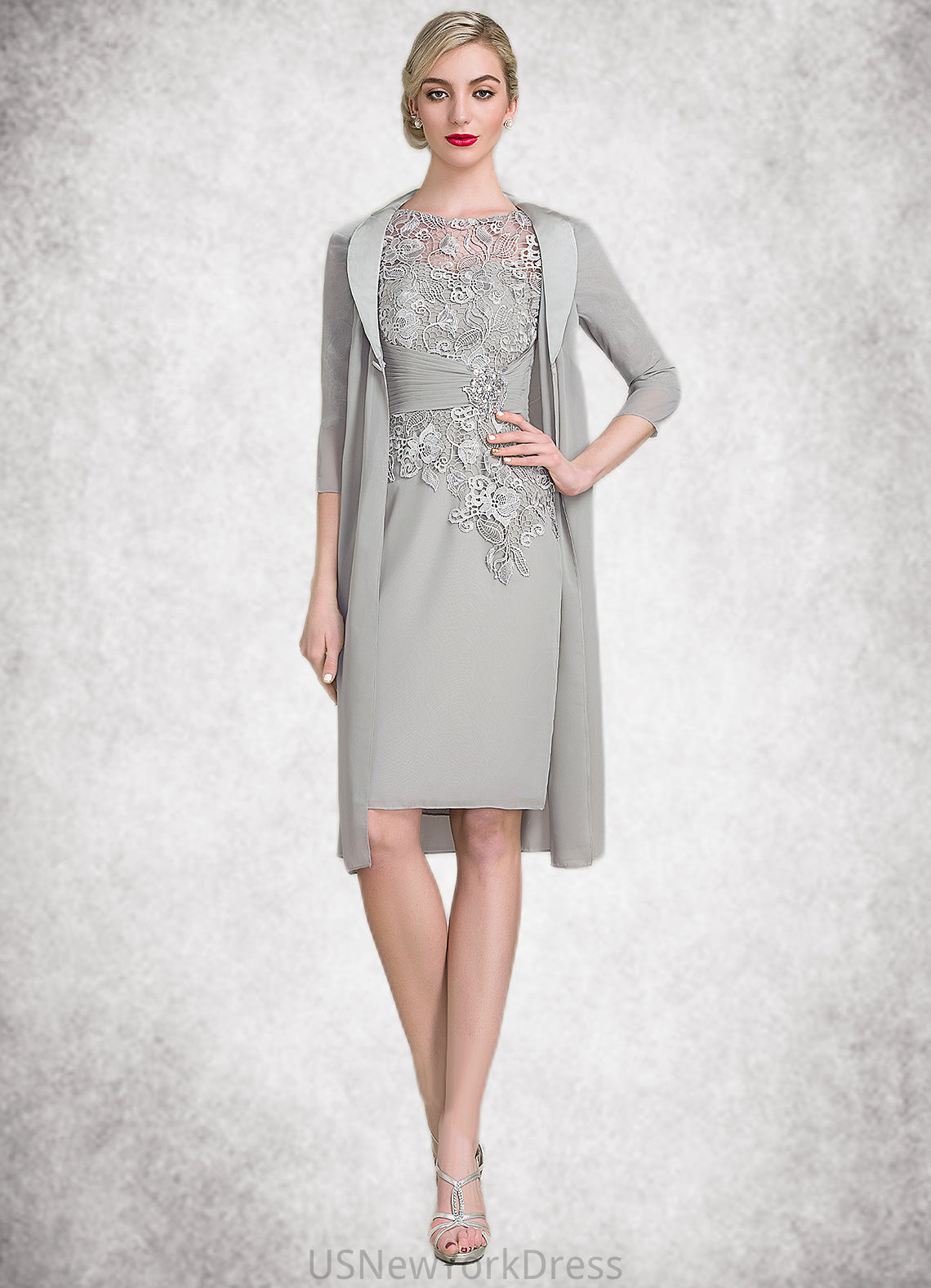 Everly Sheath/Column Scoop Neck Knee-Length Chiffon Lace Mother of the Bride Dress With Ruffle Beading DJ126P0014821