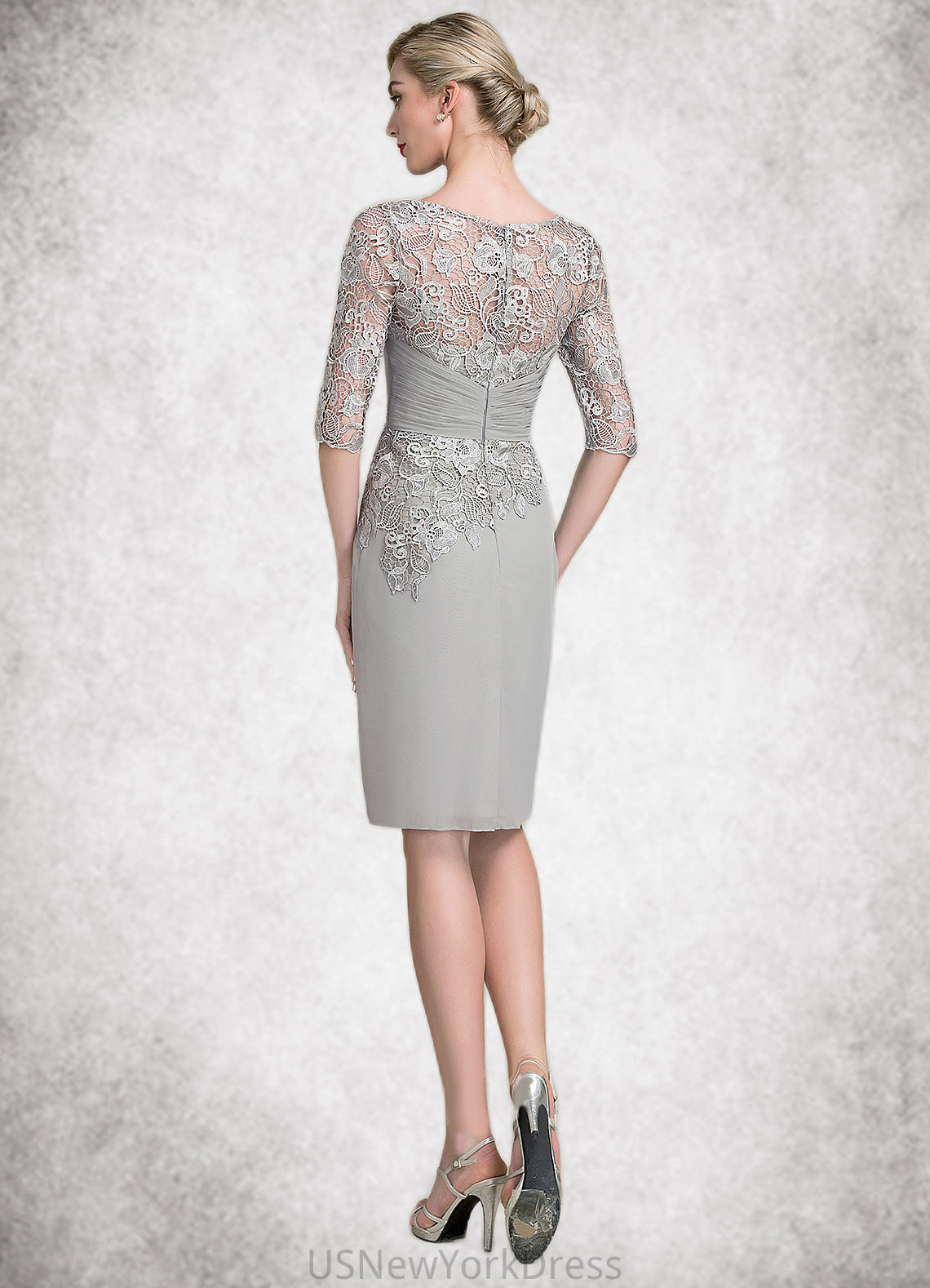 Everly Sheath/Column Scoop Neck Knee-Length Chiffon Lace Mother of the Bride Dress With Ruffle Beading DJ126P0014821