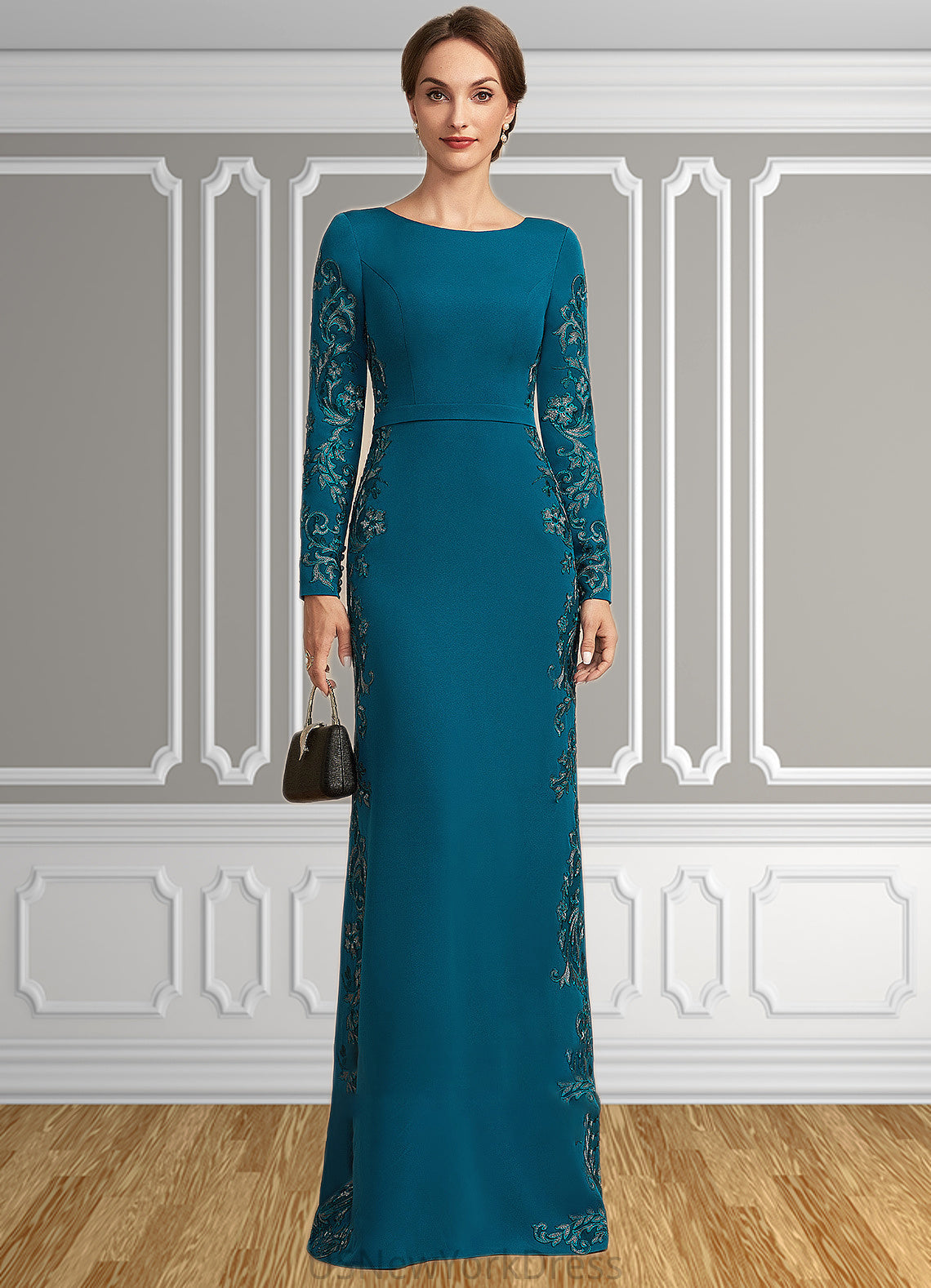 Theresa Sheath/Column Scoop Neck Floor-Length Stretch Crepe Mother of the Bride Dress With Appliques Lace DJ126P0014822