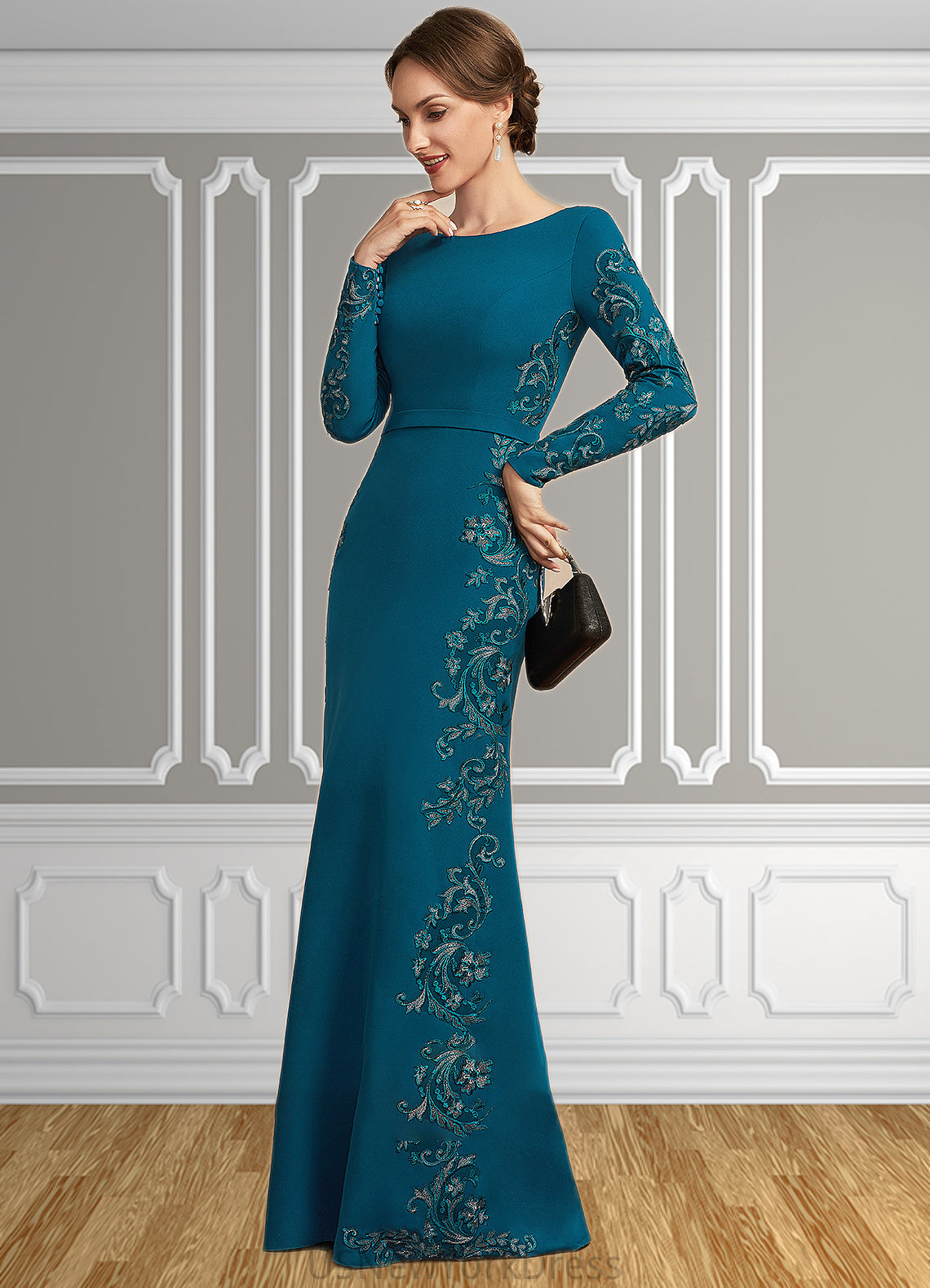 Theresa Sheath/Column Scoop Neck Floor-Length Stretch Crepe Mother of the Bride Dress With Appliques Lace DJ126P0014822