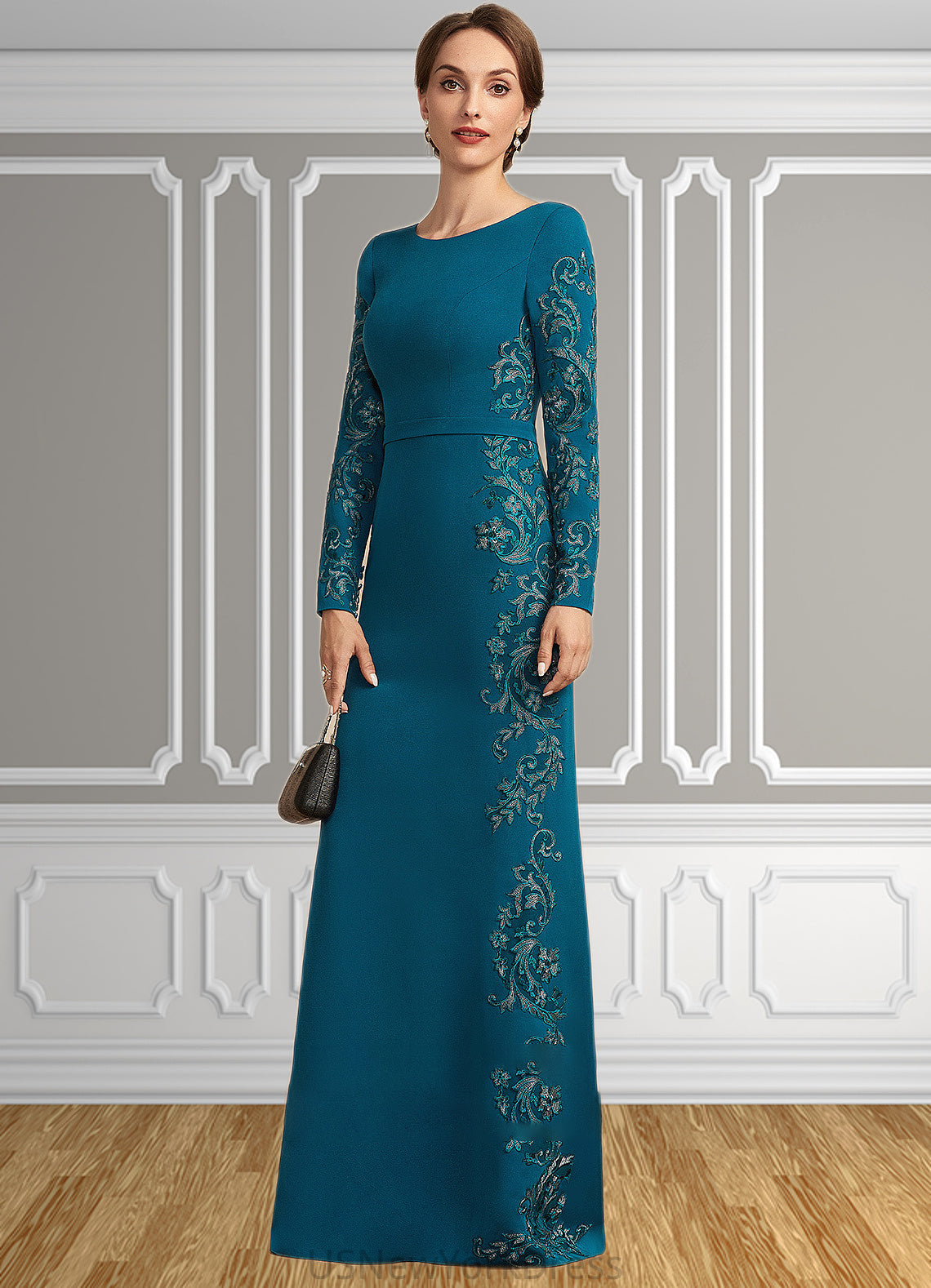 Theresa Sheath/Column Scoop Neck Floor-Length Stretch Crepe Mother of the Bride Dress With Appliques Lace DJ126P0014822