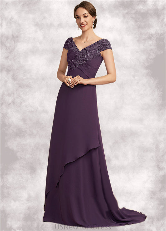 Aurora A-Line V-neck Sweep Train Chiffon Lace Mother of the Bride Dress With Ruffle Beading DJ126P0014824