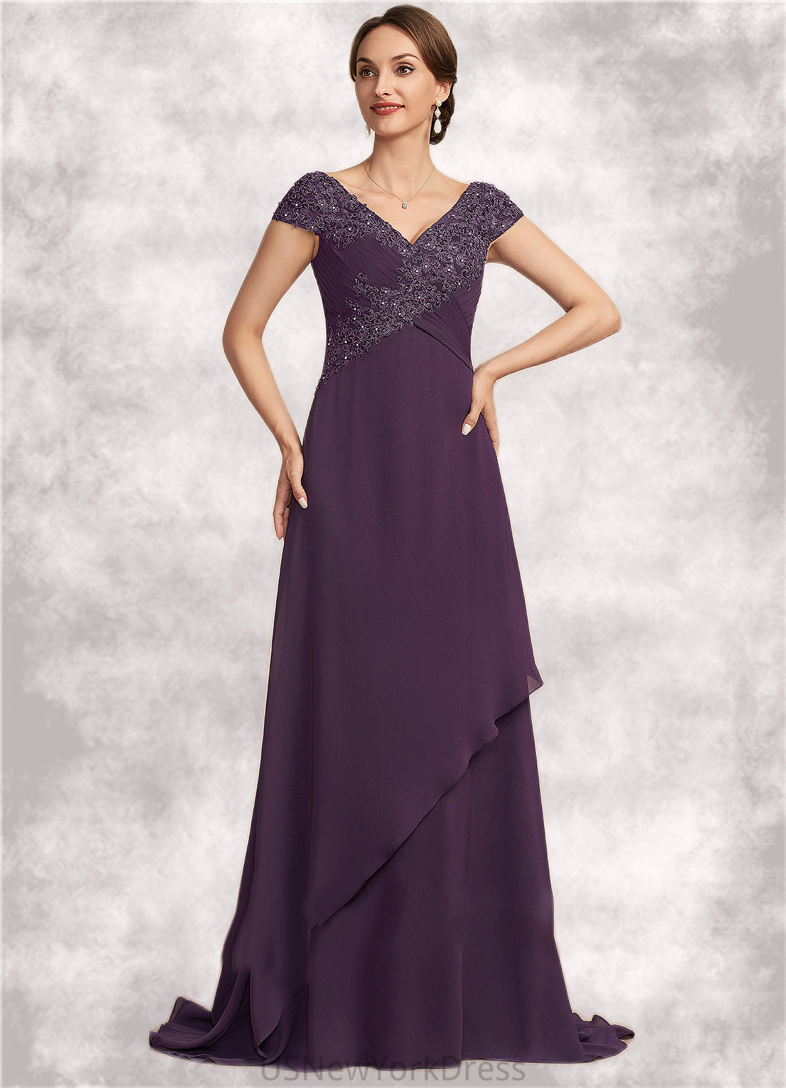 Aurora A-Line V-neck Sweep Train Chiffon Lace Mother of the Bride Dress With Ruffle Beading DJ126P0014824