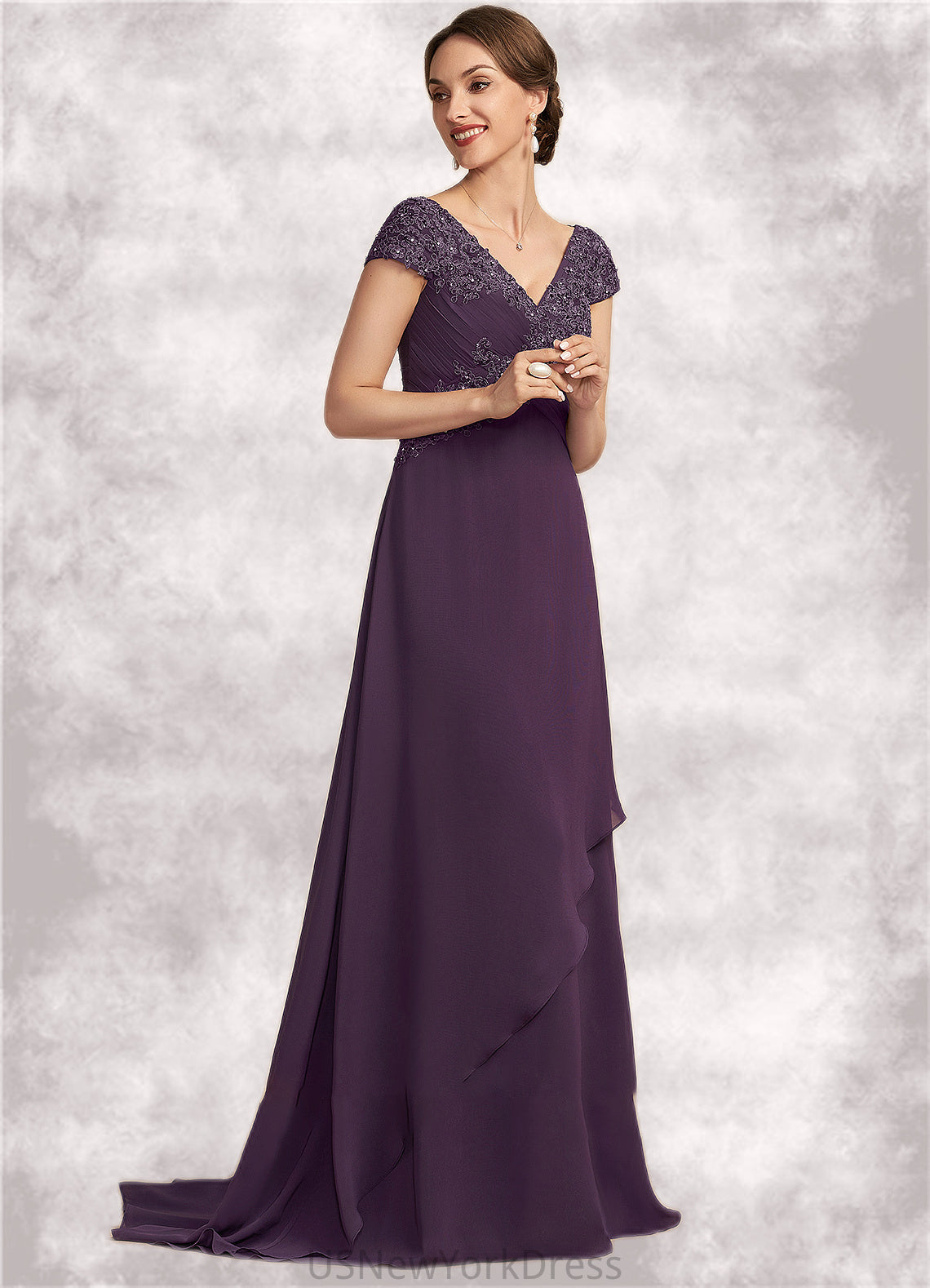 Aurora A-Line V-neck Sweep Train Chiffon Lace Mother of the Bride Dress With Ruffle Beading DJ126P0014824