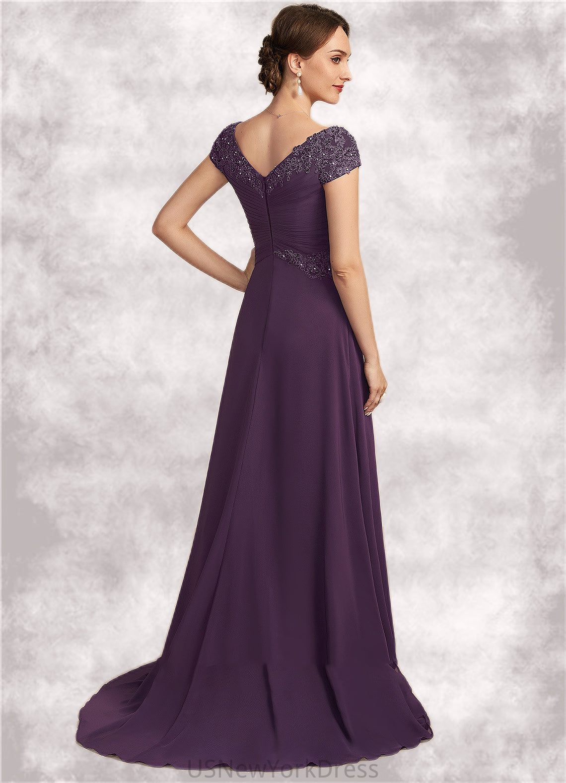 Aurora A-Line V-neck Sweep Train Chiffon Lace Mother of the Bride Dress With Ruffle Beading DJ126P0014824