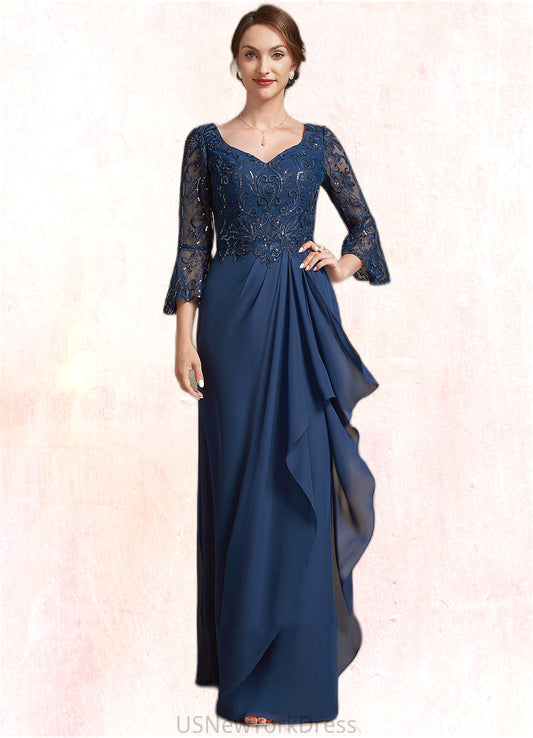 Chloe A-Line V-neck Floor-Length Chiffon Lace Mother of the Bride Dress With Sequins Cascading Ruffles DJ126P0014825