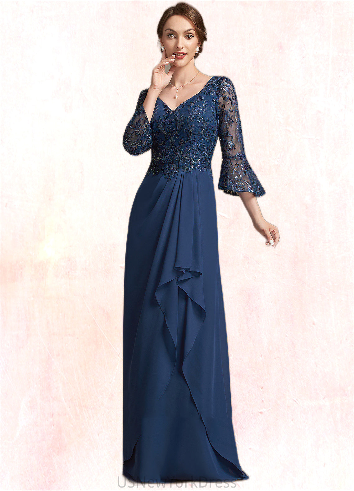 Chloe A-Line V-neck Floor-Length Chiffon Lace Mother of the Bride Dress With Sequins Cascading Ruffles DJ126P0014825